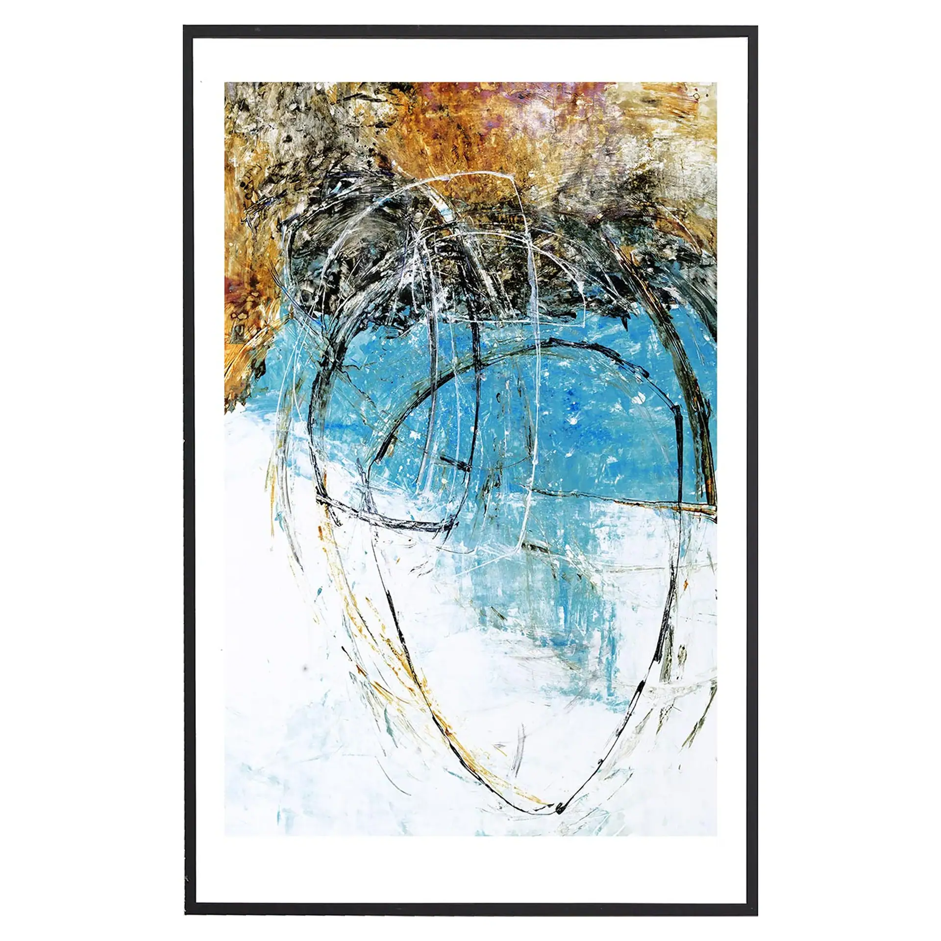 Abstract art painting with vibrant blue, gold, and black tones, perfect for contemporary interior de.