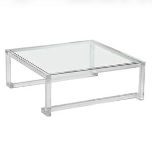 Elegant transparent glass coffee table with sleek metal frame for contemporary living rooms.