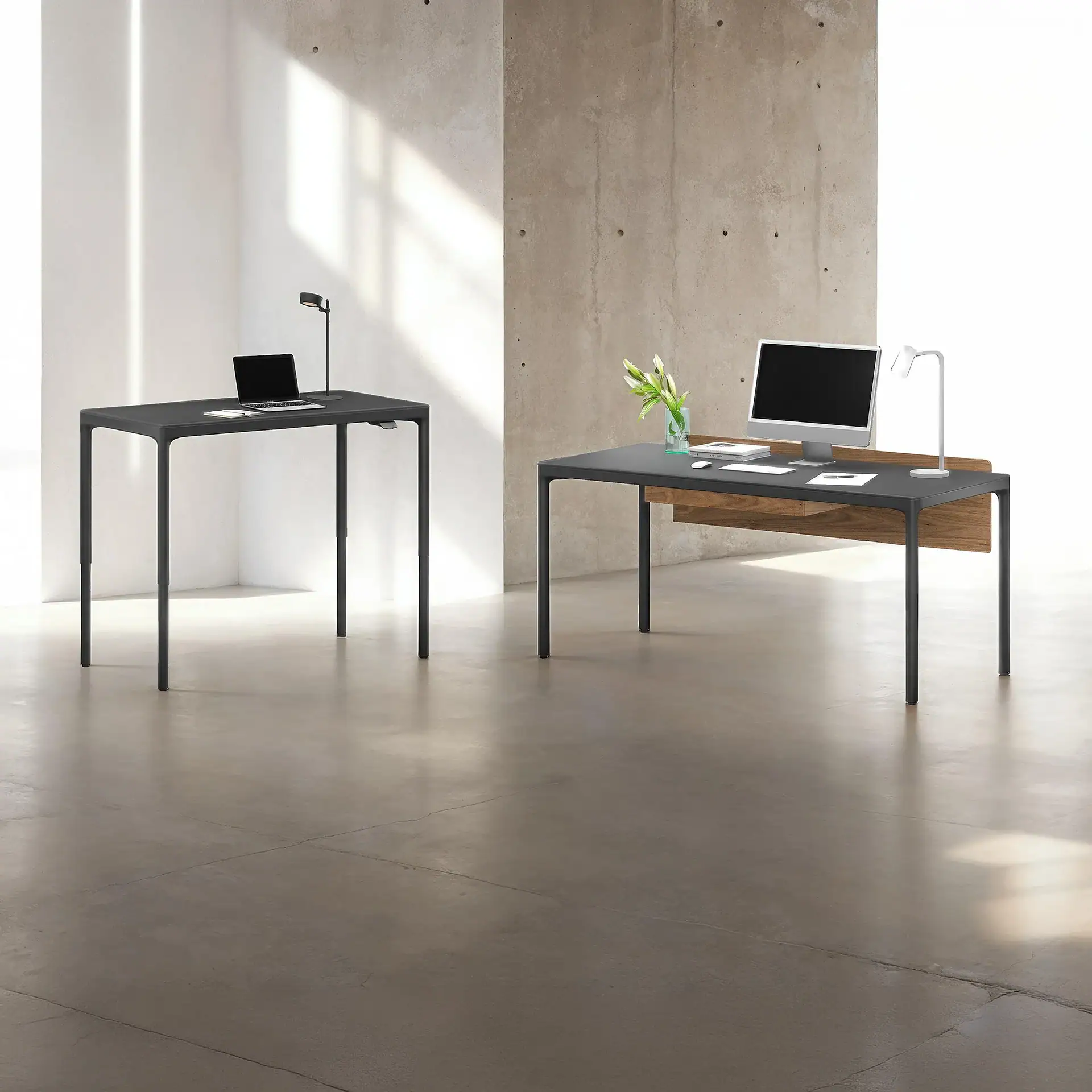 Two modern gray desks in a minimalist room. The left desk is a standing desk with a laptop and lamp. The right desk has a computer, lamp, and flowers.