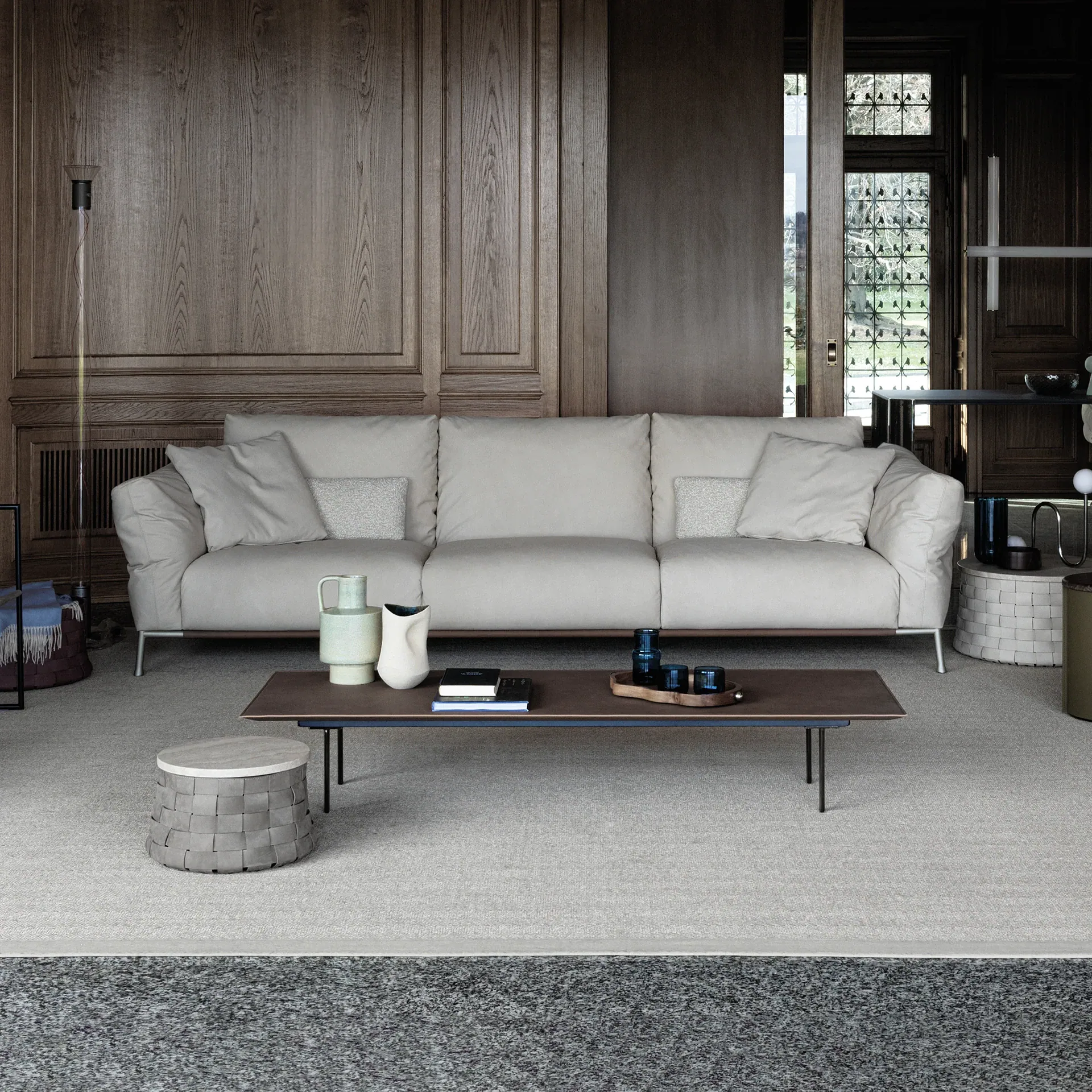 Sklar Furnishings neutral beige sofa in living room.