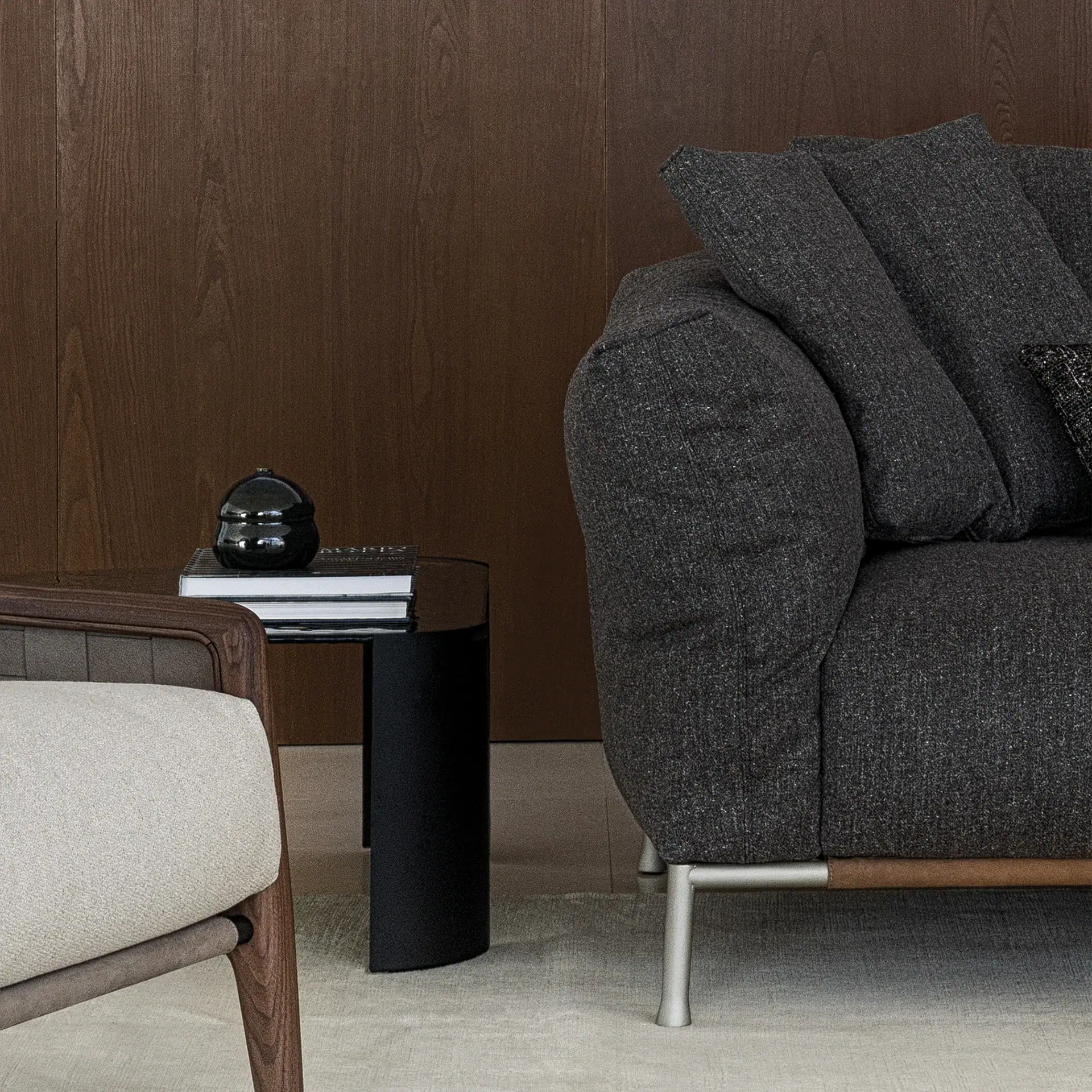 Dark gray modern sofa with cushions in a stylish living room setting.
