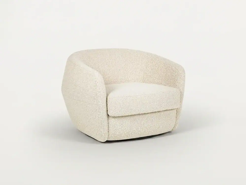 Modern beige upholstered armchair with rounded design for stylish living spaces.