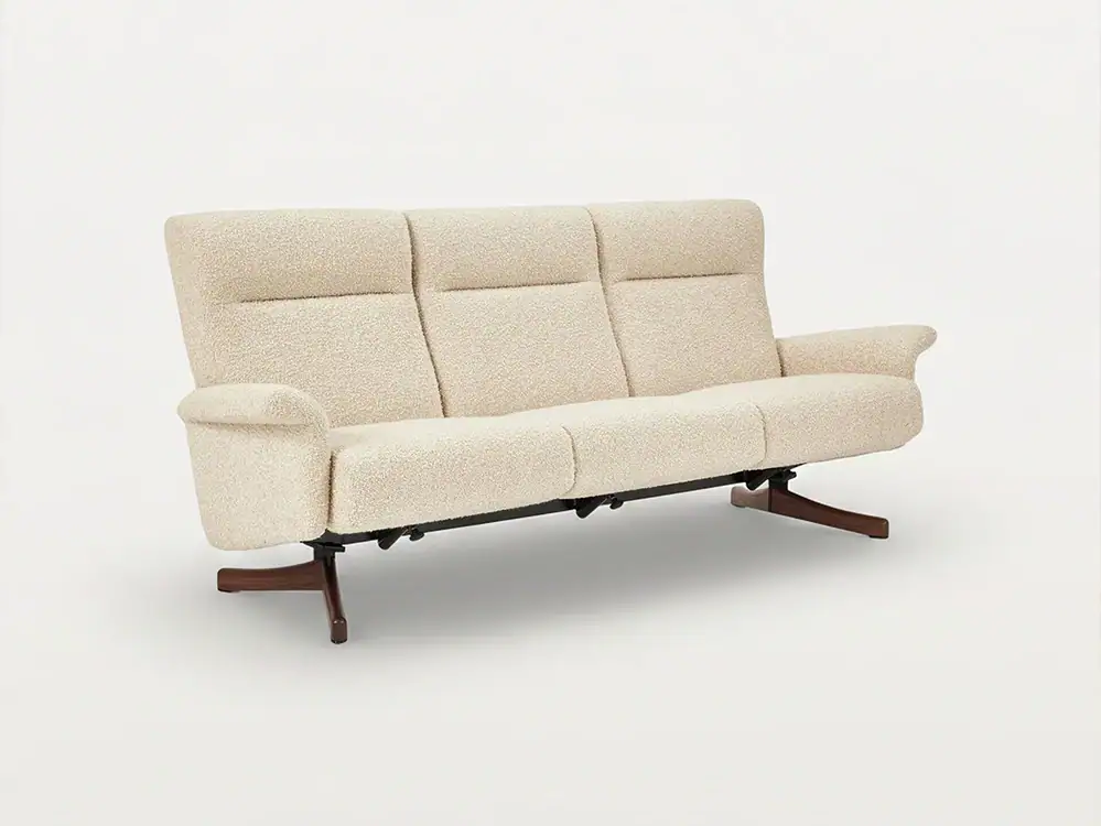 Elegant beige 3-seat sofa with wooden legs from Sklar Furnishings.
