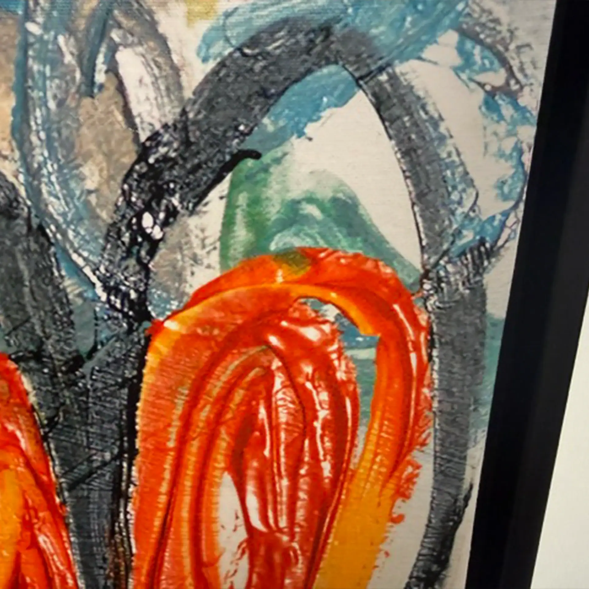 Colorful abstract painting with orange, green, and black brushstrokes.