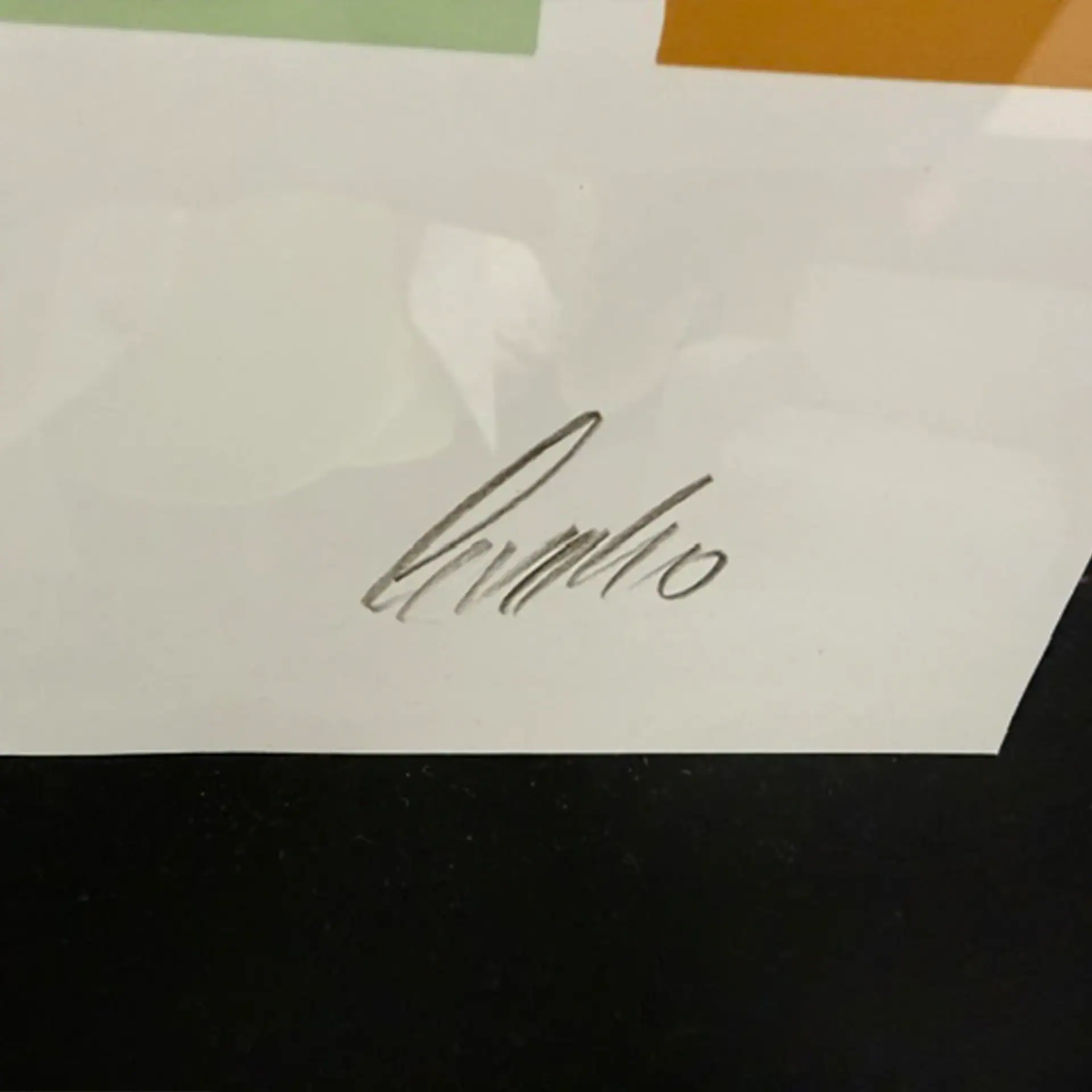 Close-up of signature on Pink Goats wall art piece from Sklar Furnishings.