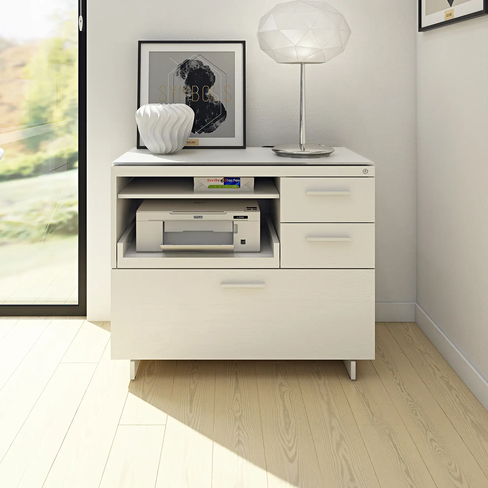 Modern white BDI multifunction cabinet with printer and decor.