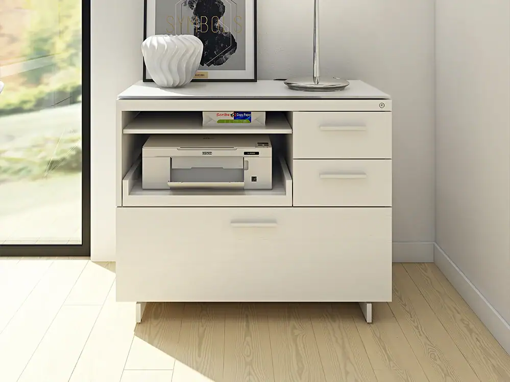 Modern white multifunction cabinet with drawers and open shelf for office or living room.