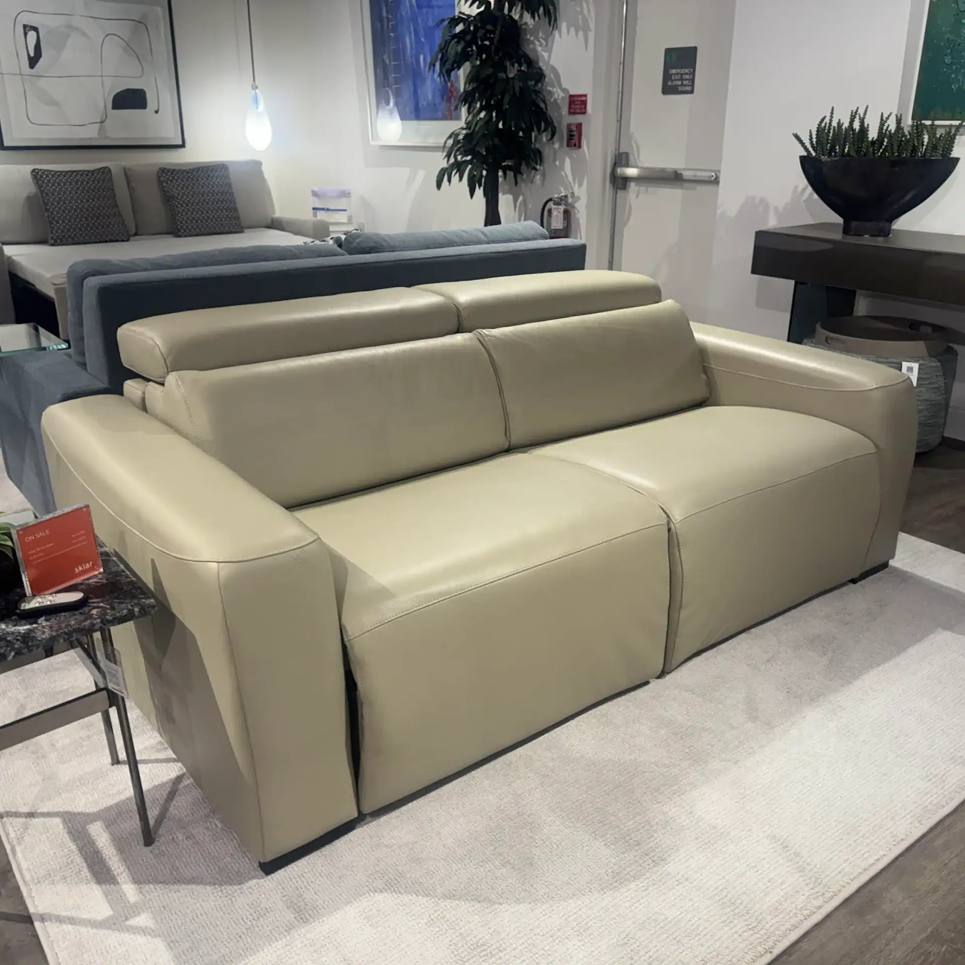 Beige leather sofa with sleek design, perfect for contemporary living rooms. Comfortable seating wit.