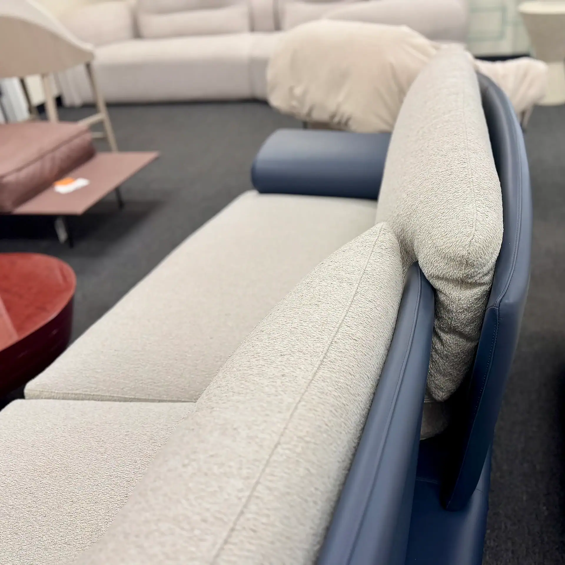 Modern Loft Super Roy sofa with beige upholstery and blue frame in showroom.