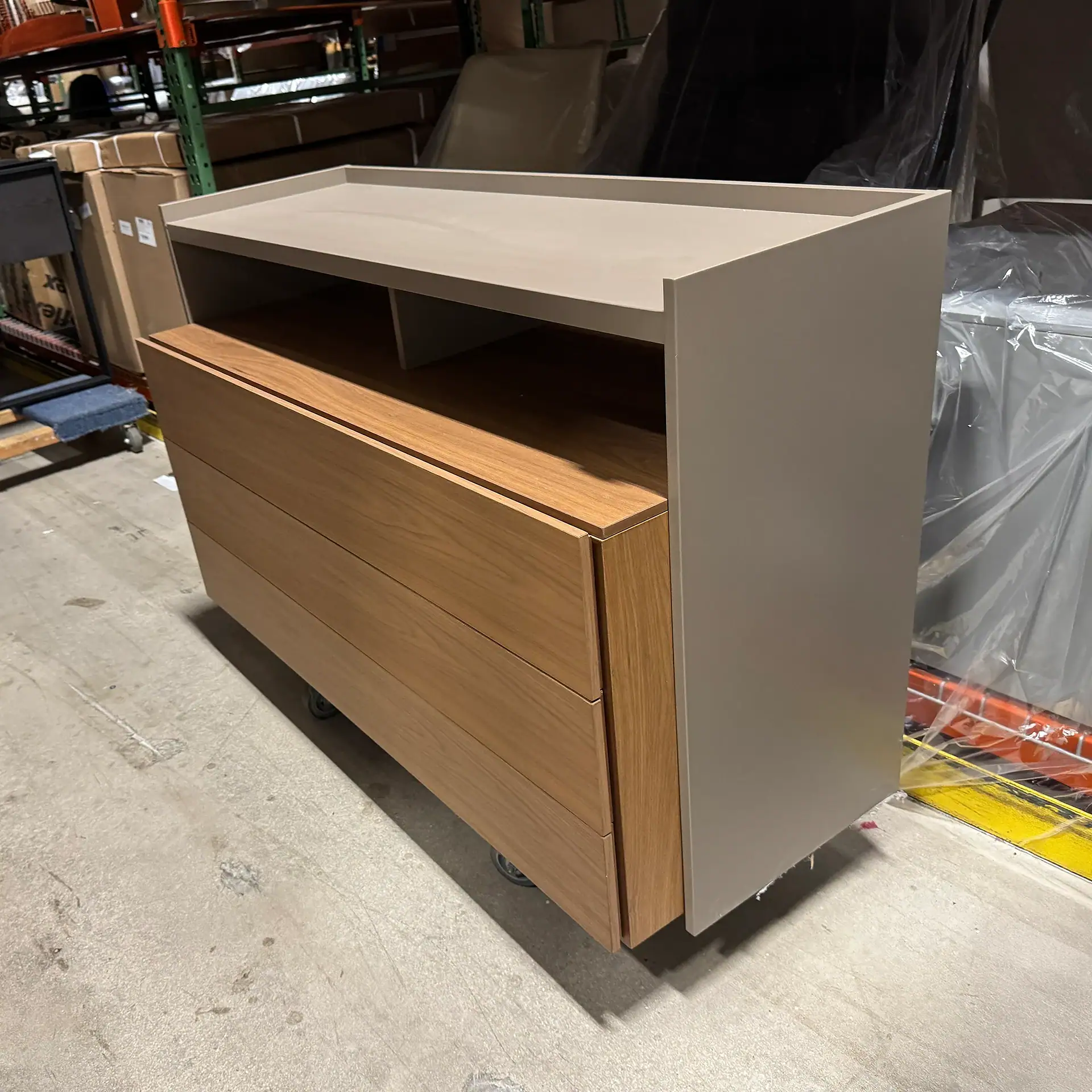 Modern Jesse Icon 3-Drawer Dresser with wood finish and open shelf.