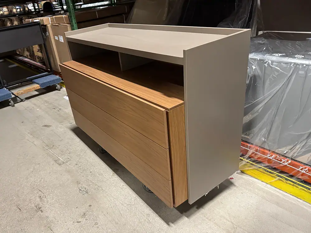 Modern Jesse Icon 3-Drawer Dresser with wood finish and open shelf.