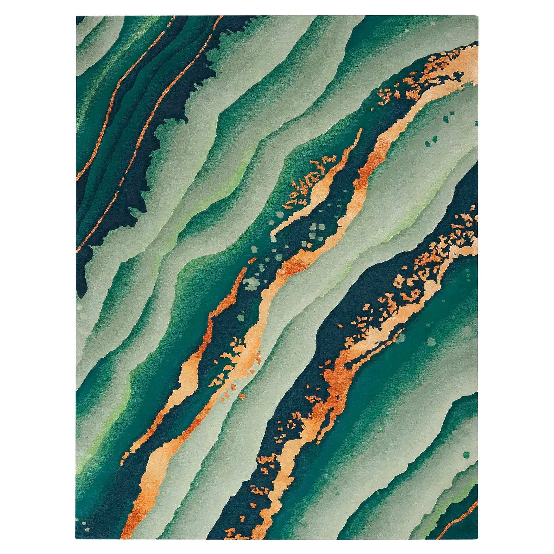 Abstract green and copper rug design for modern interior decor.