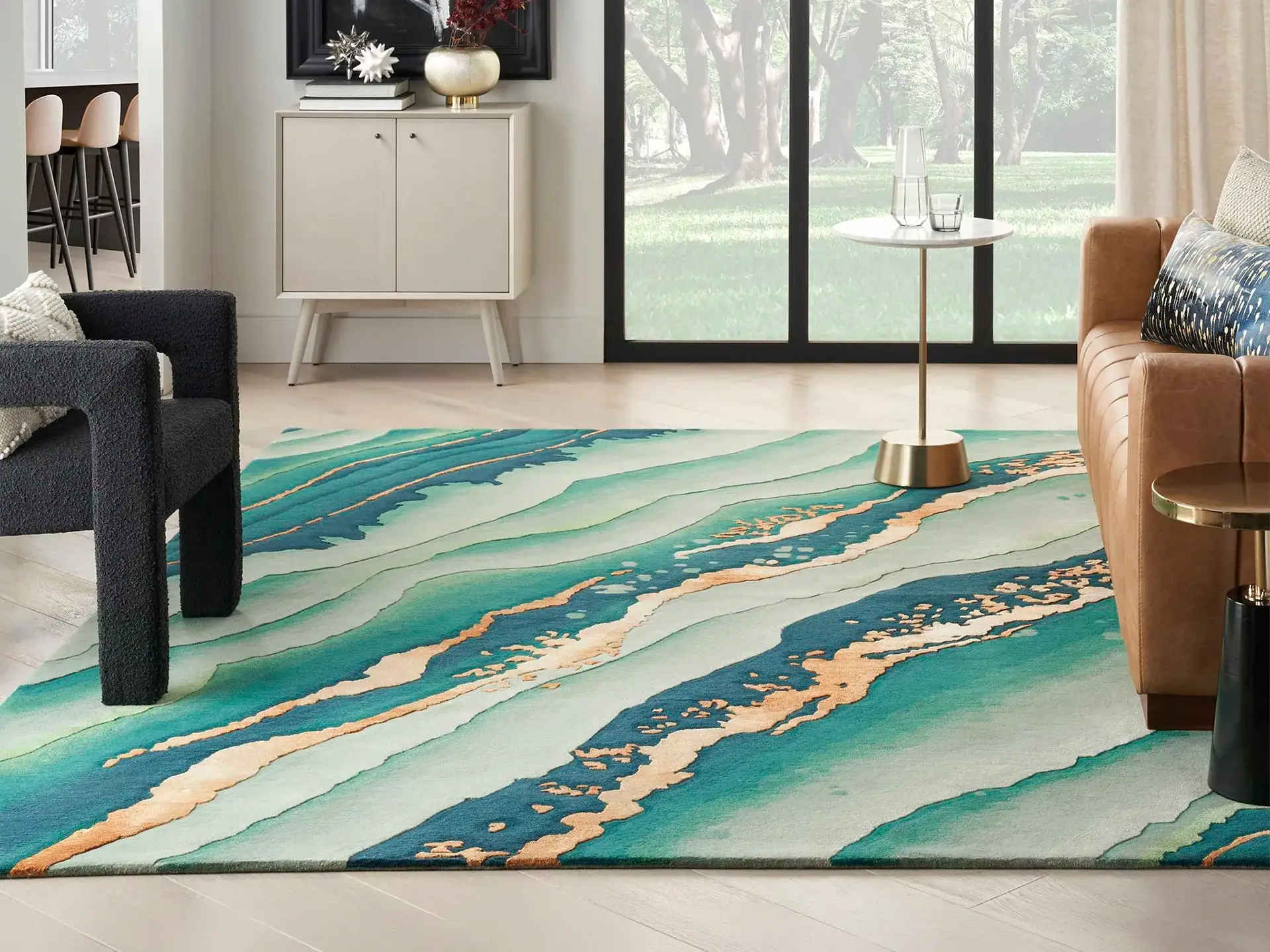 Vibrant emerald area rug with abstract design in modern living room.