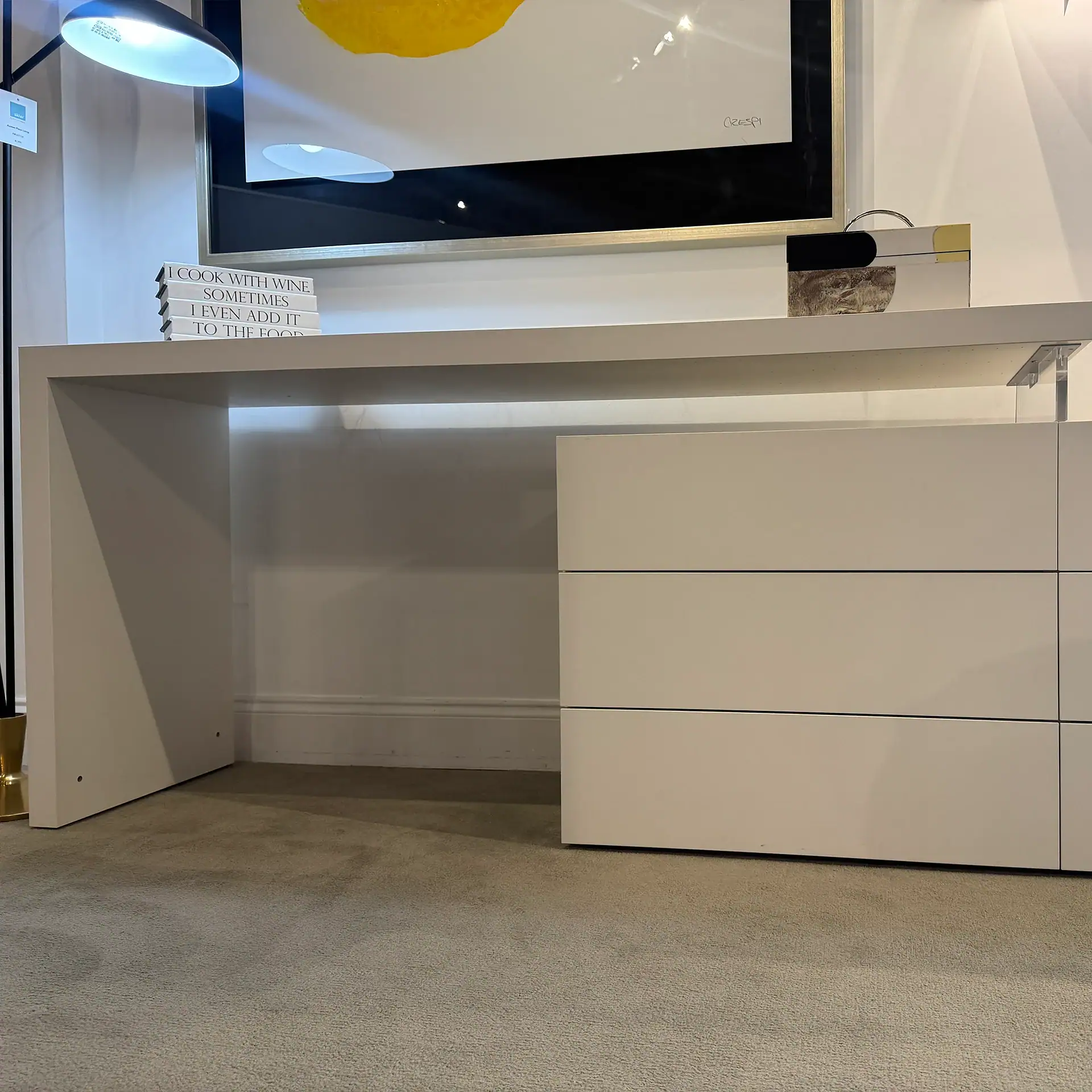 Modern white Pianca Domino desk and dresser in stylish home office.