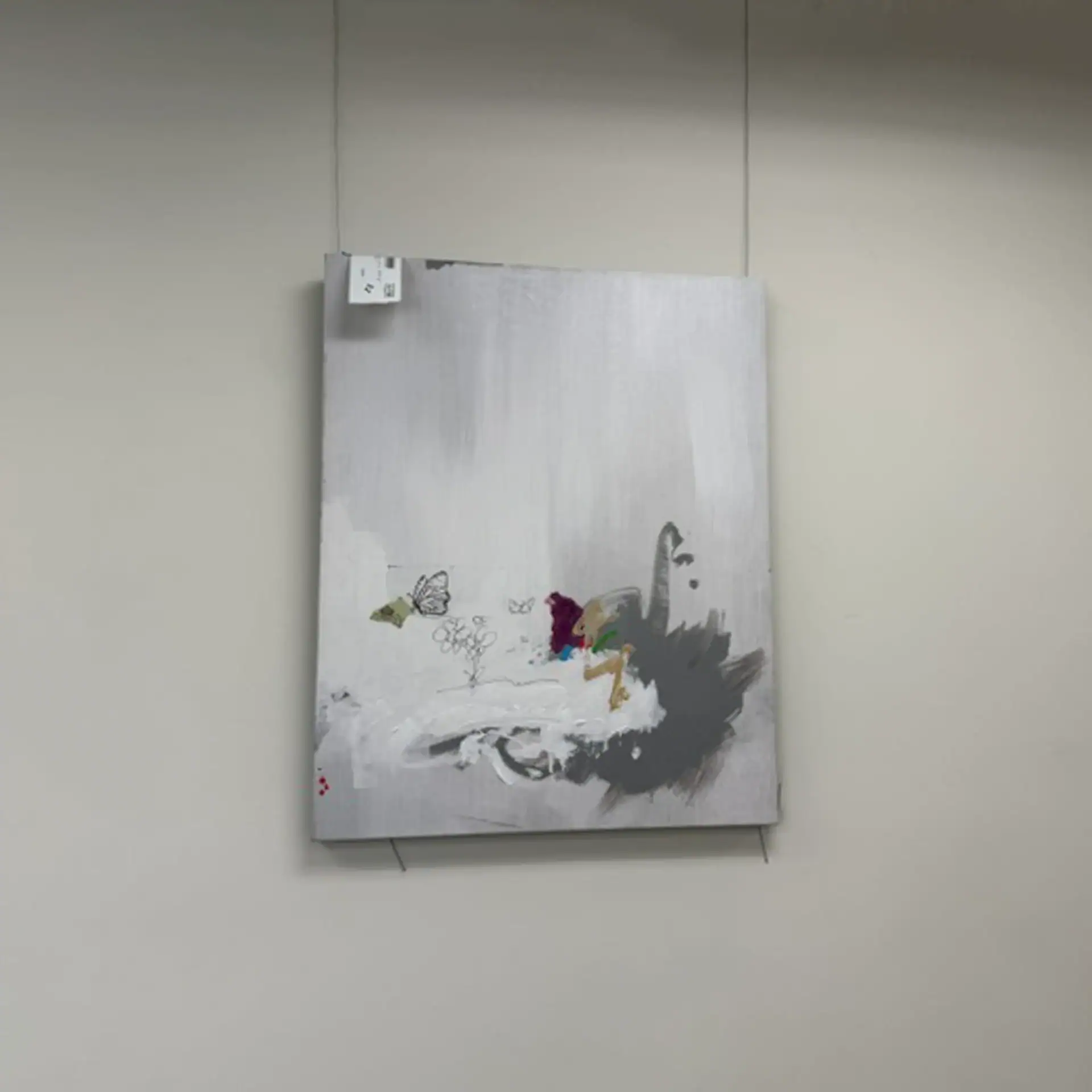Abstract wall art featuring a colorful rooster and butterfly on a gray background.