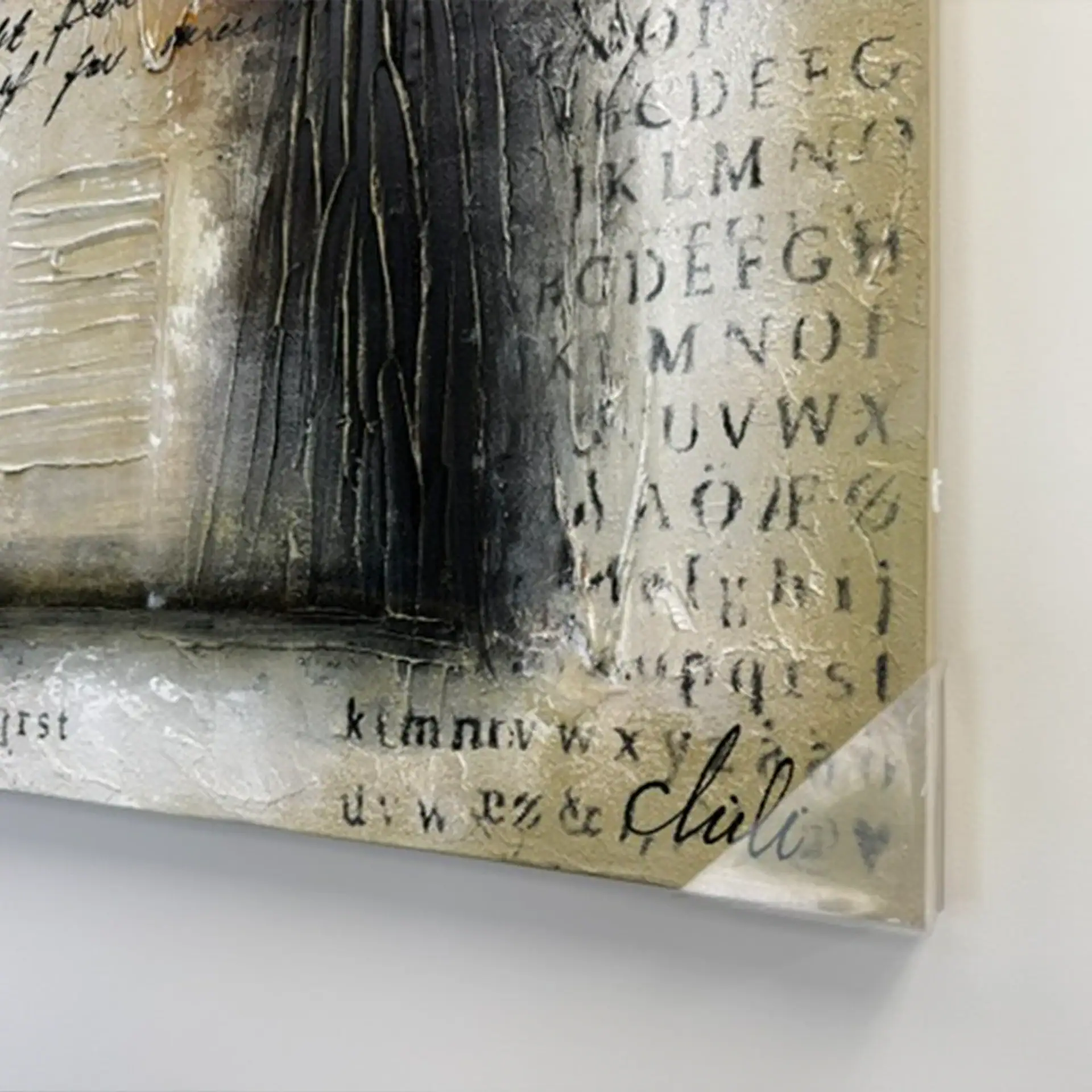 Close-up of Chili One wall art with alphabet and textured background.