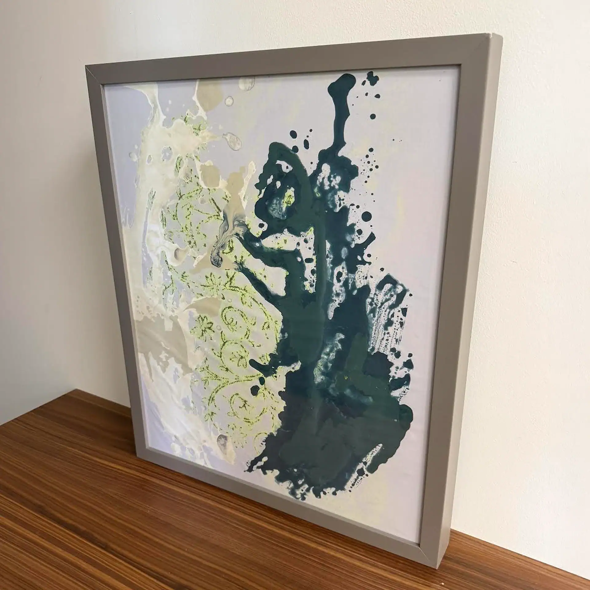 Abstract watercolor art print with green, blue, and beige tones for contemporary interior design.