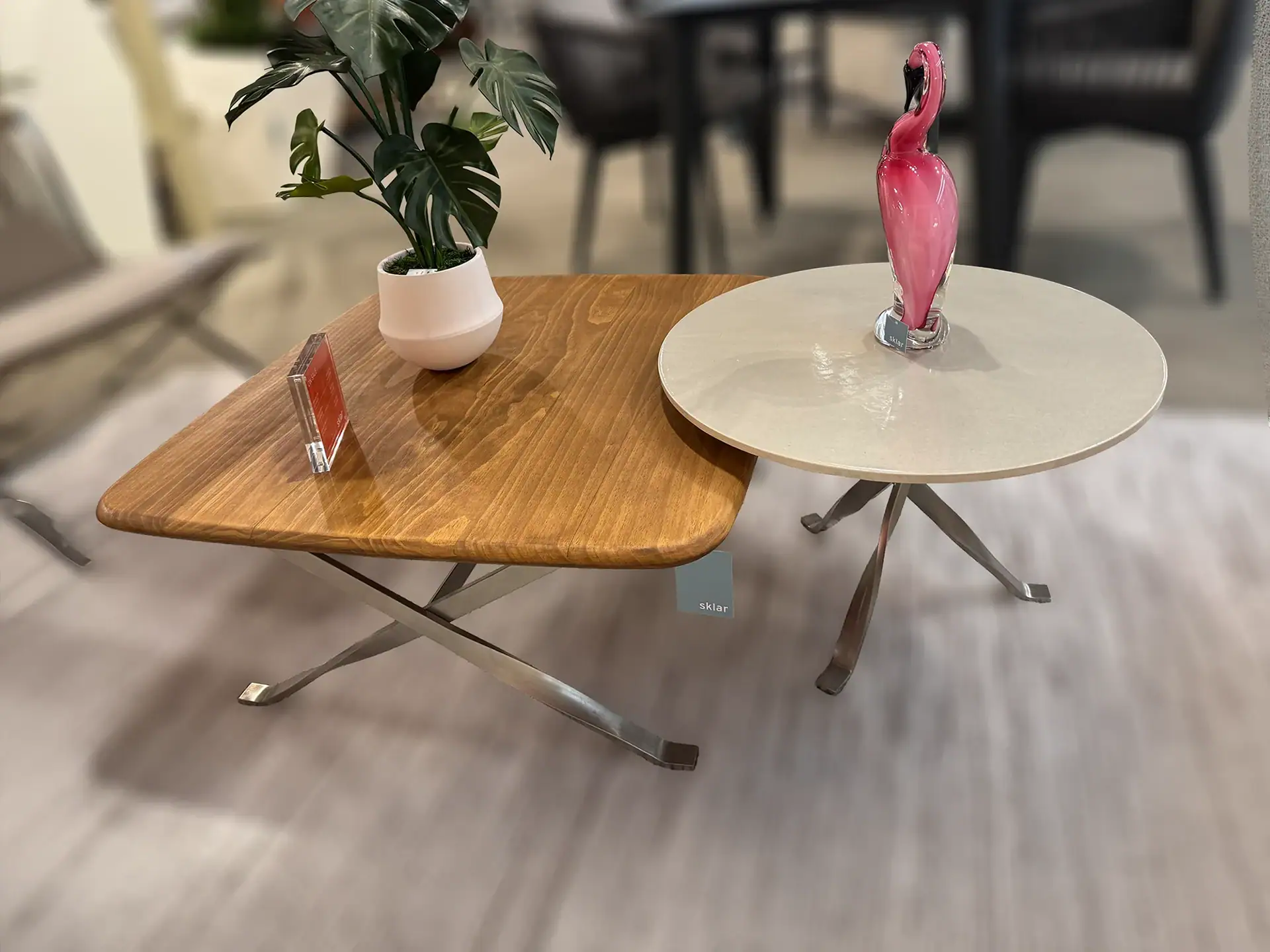 Set of two modern coffee tables with decorative items and plant.