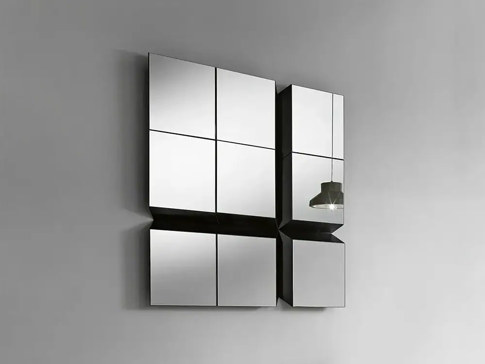 Modern geometric mirror design with six reflective panels in a grid layout.