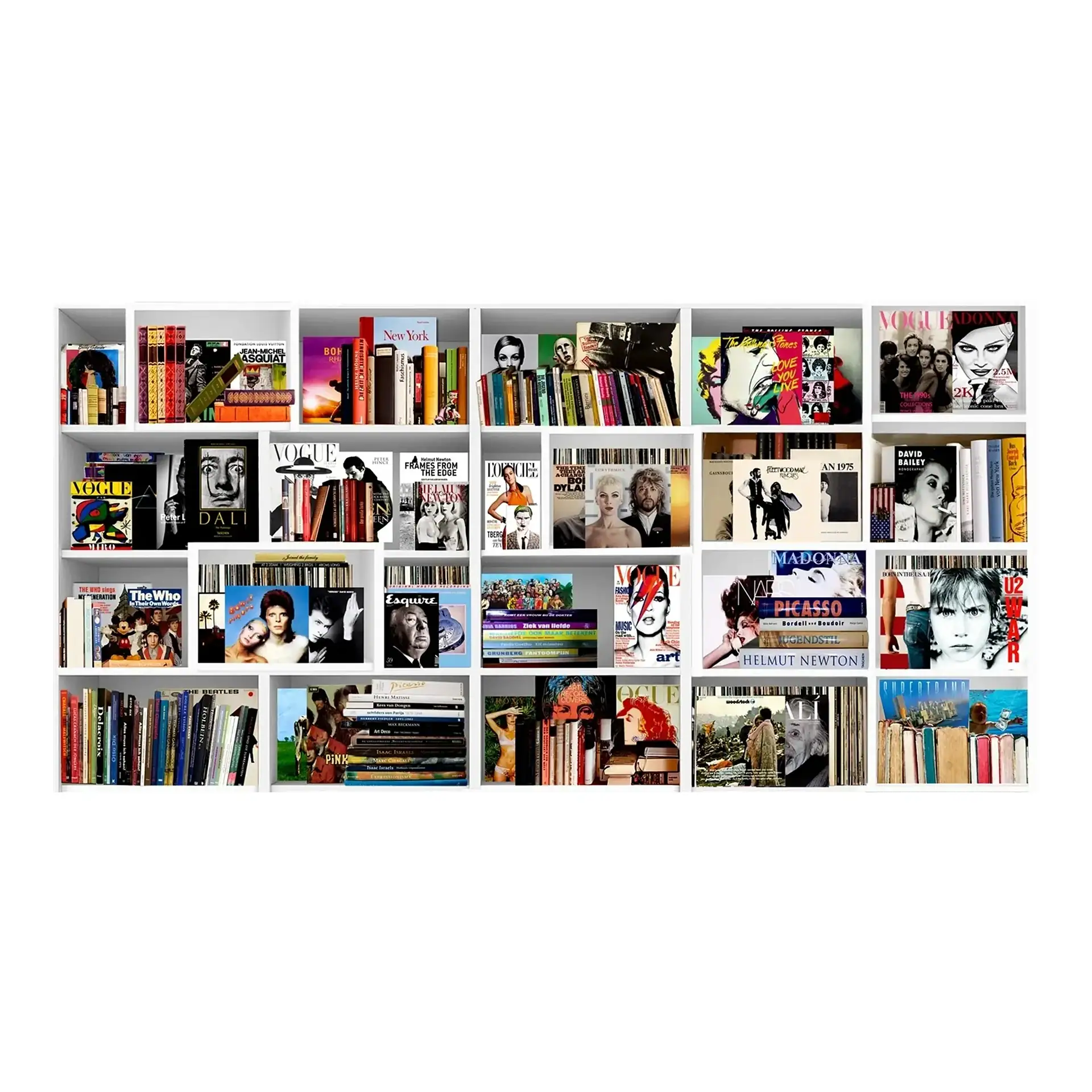 Display of various music books and magazines on white shelves.
