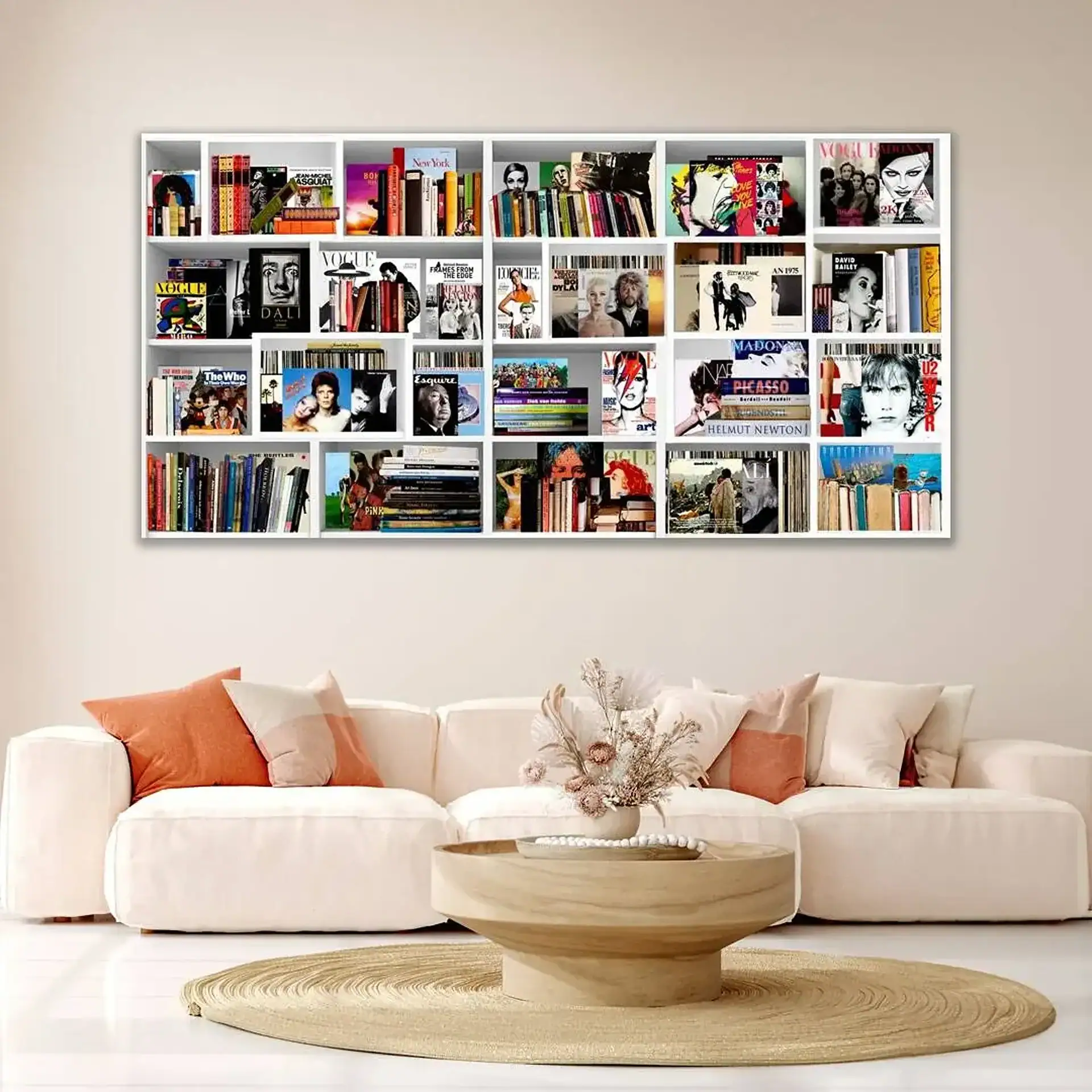 Contemporary living room with a large art bookshelf and cozy sofa.
