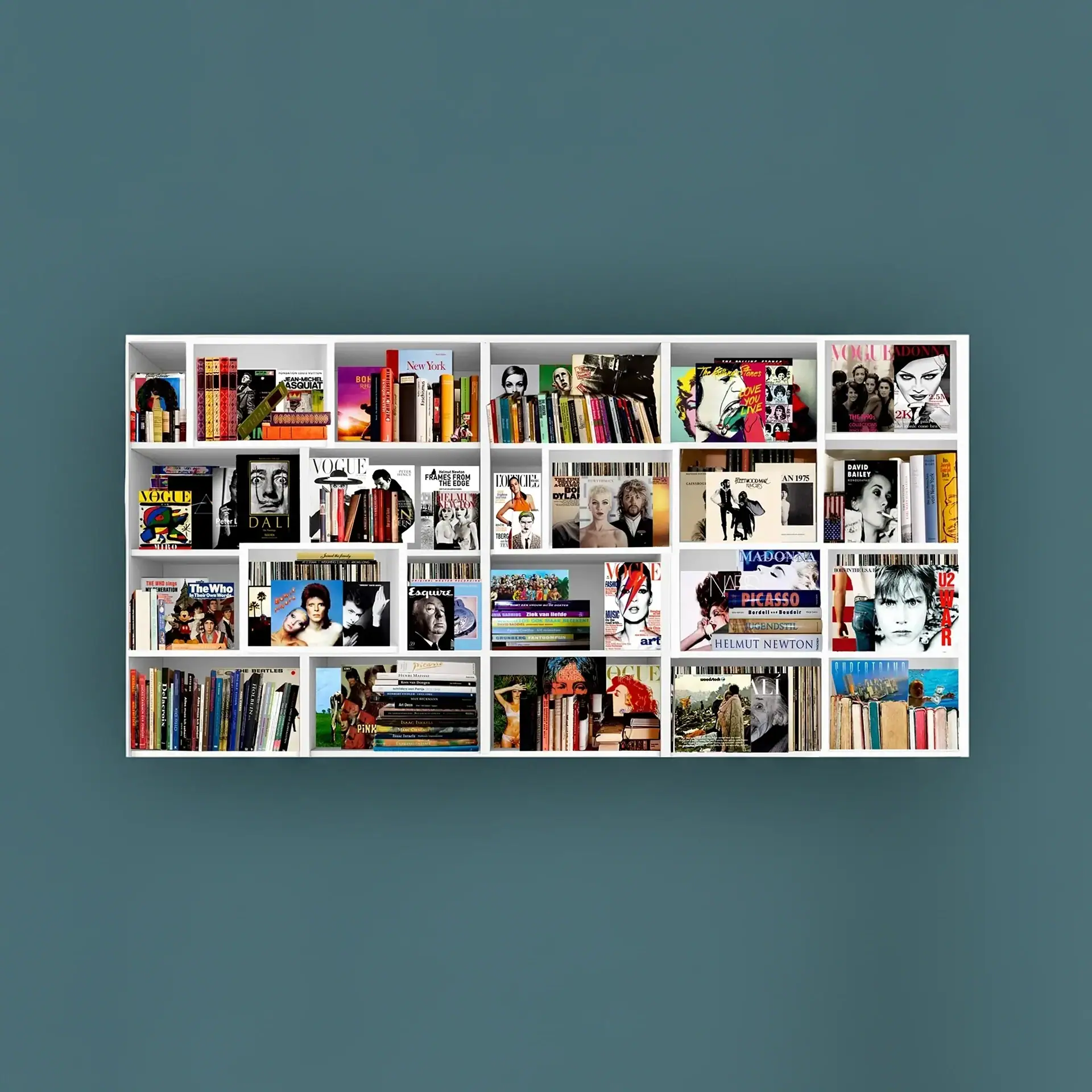 Colorful music books displayed on a white plexiglass shelf against a teal background.