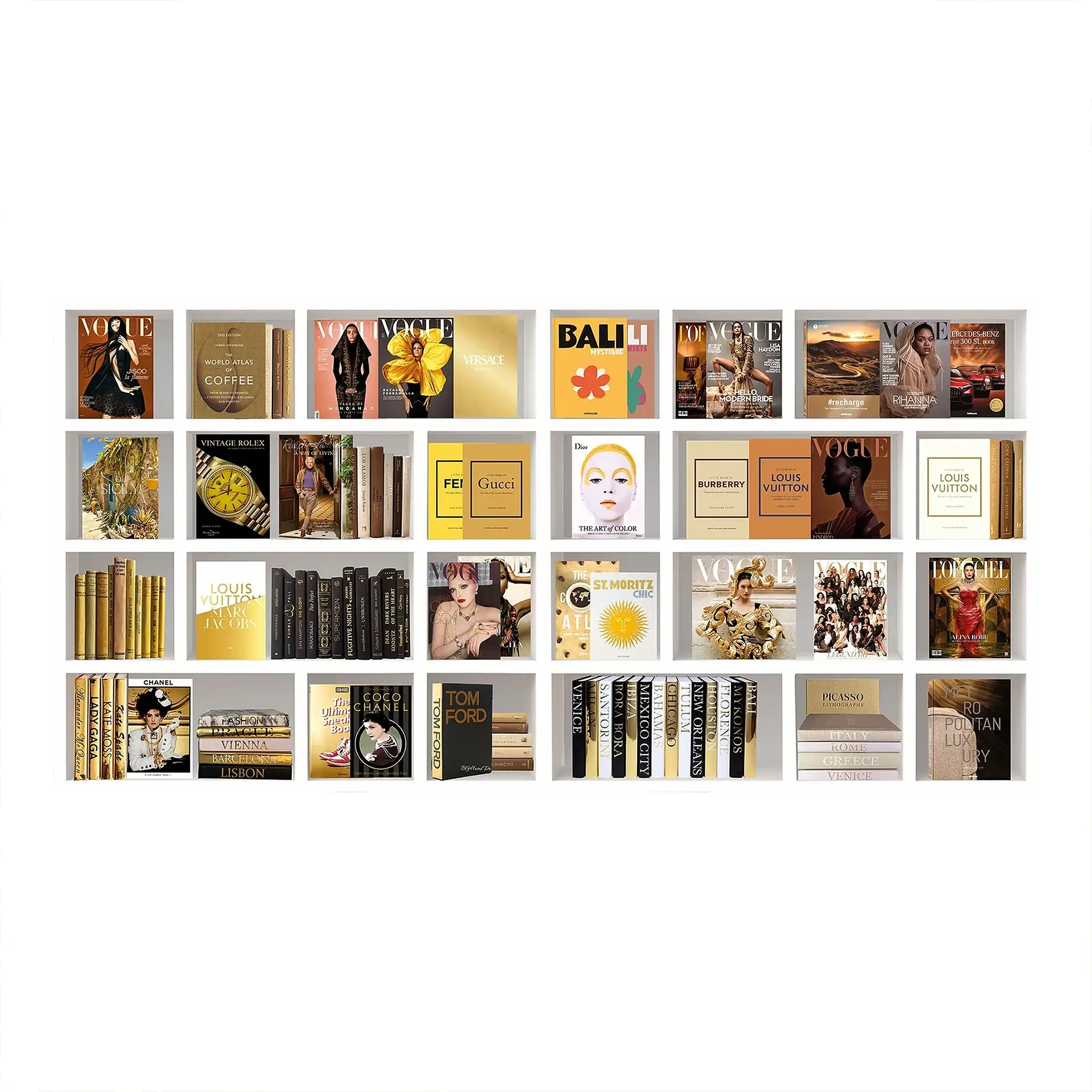 Bookshelf with fashion, travel, and luxury magazines and books displayed on white shelves.