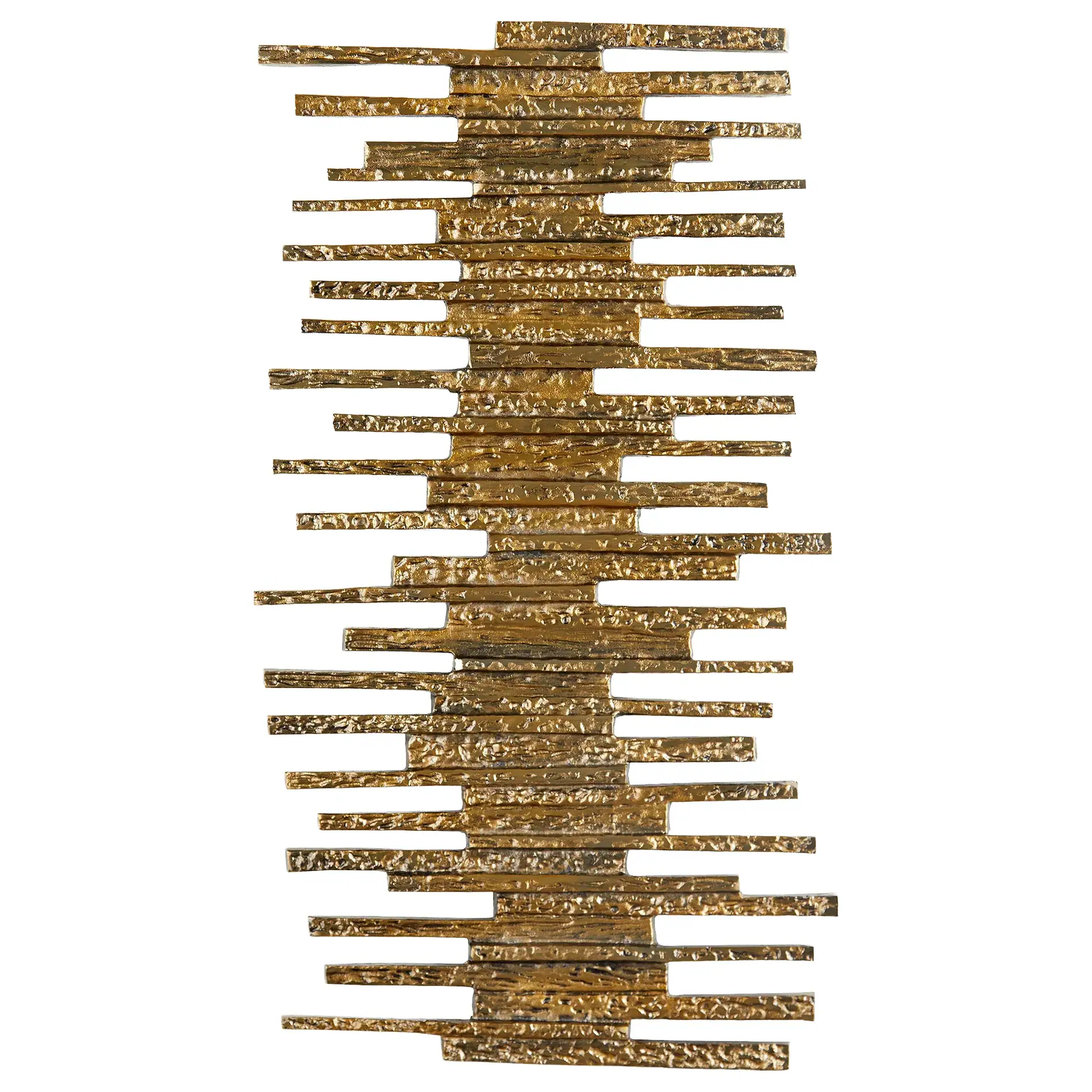 Gold metallic ledger wall decor with horizontal strips for contemporary design.