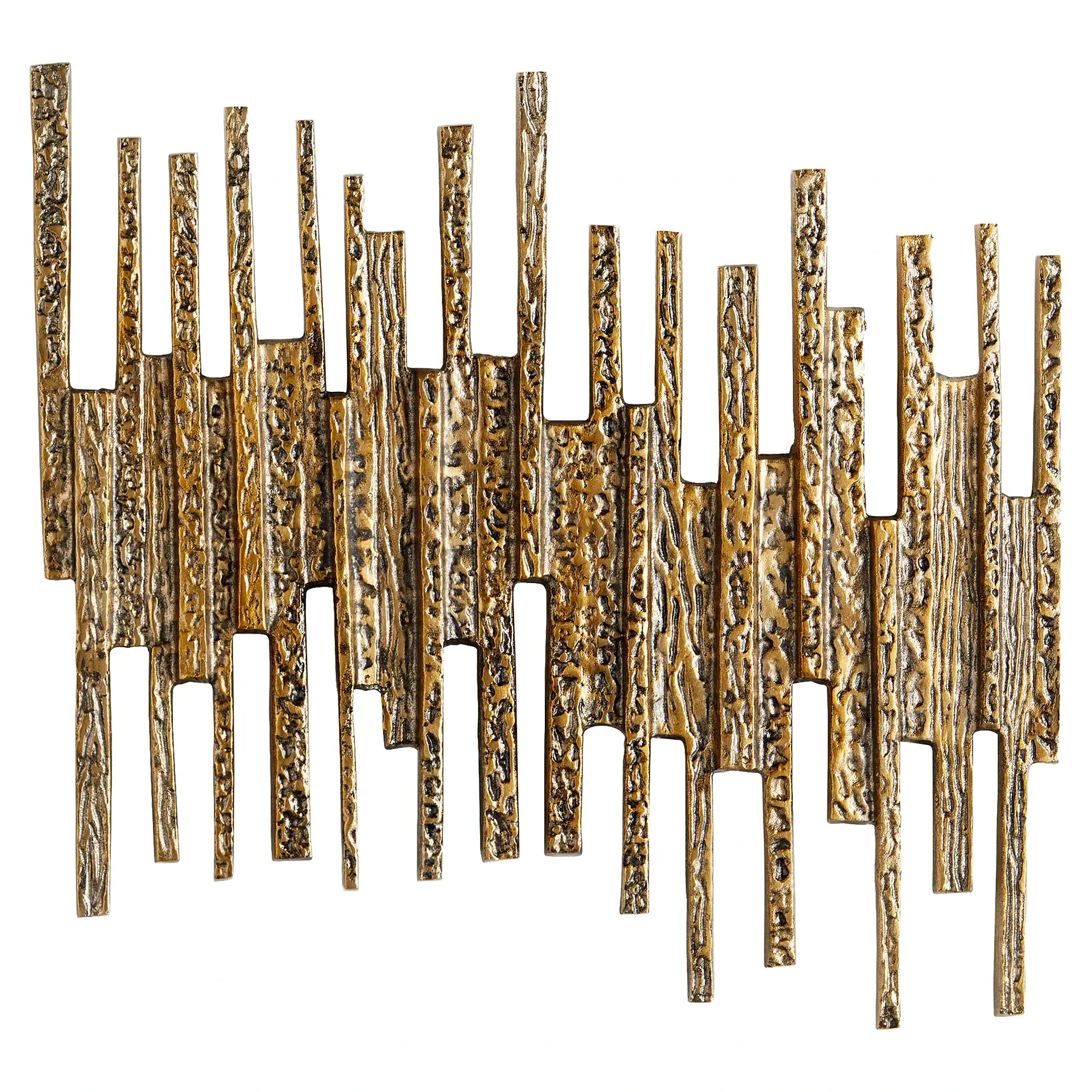 Gold metallic ledger wall decor with textured rectangular panels for modern interior design.