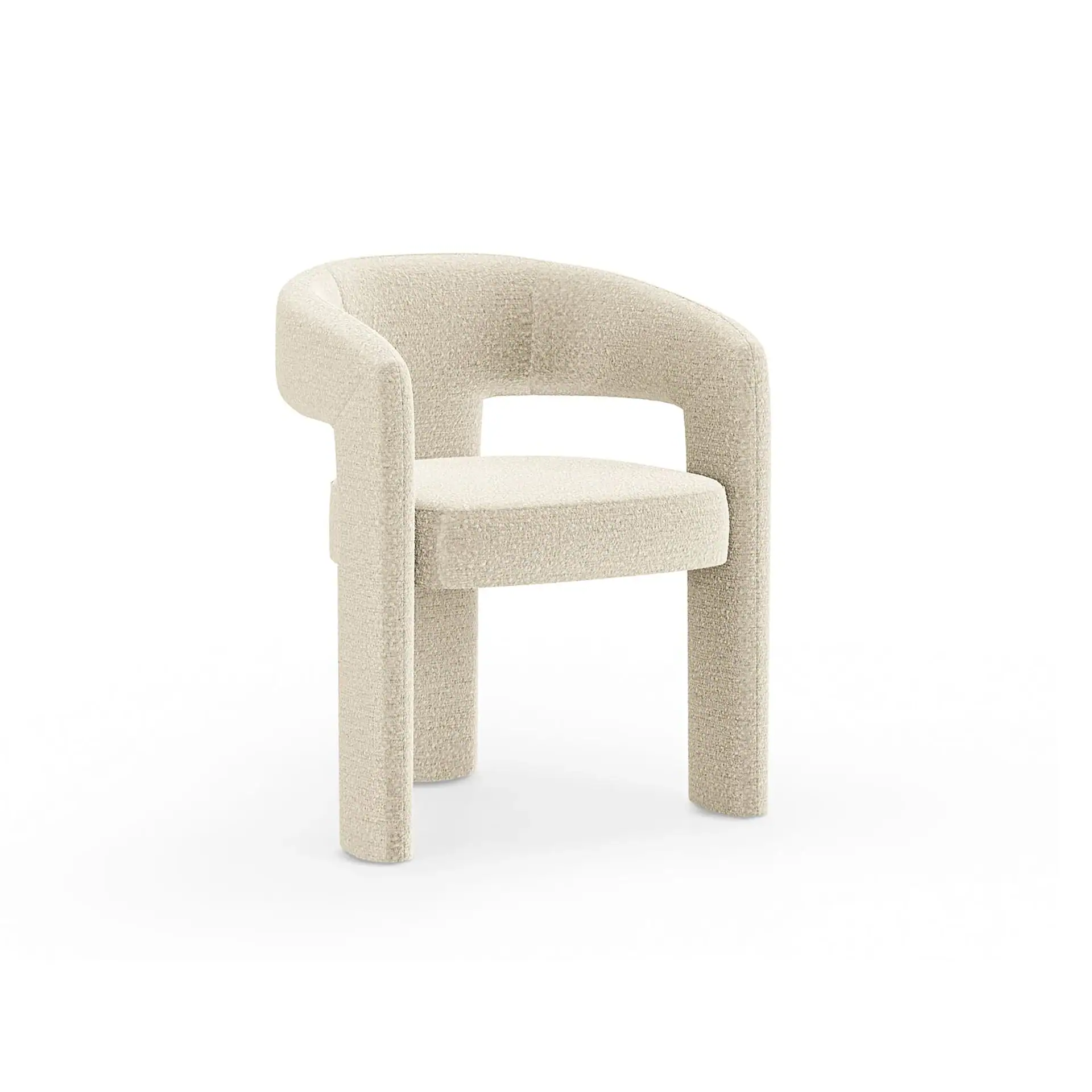 Modern beige upholstered dining chair with rounded back and sturdy legs.