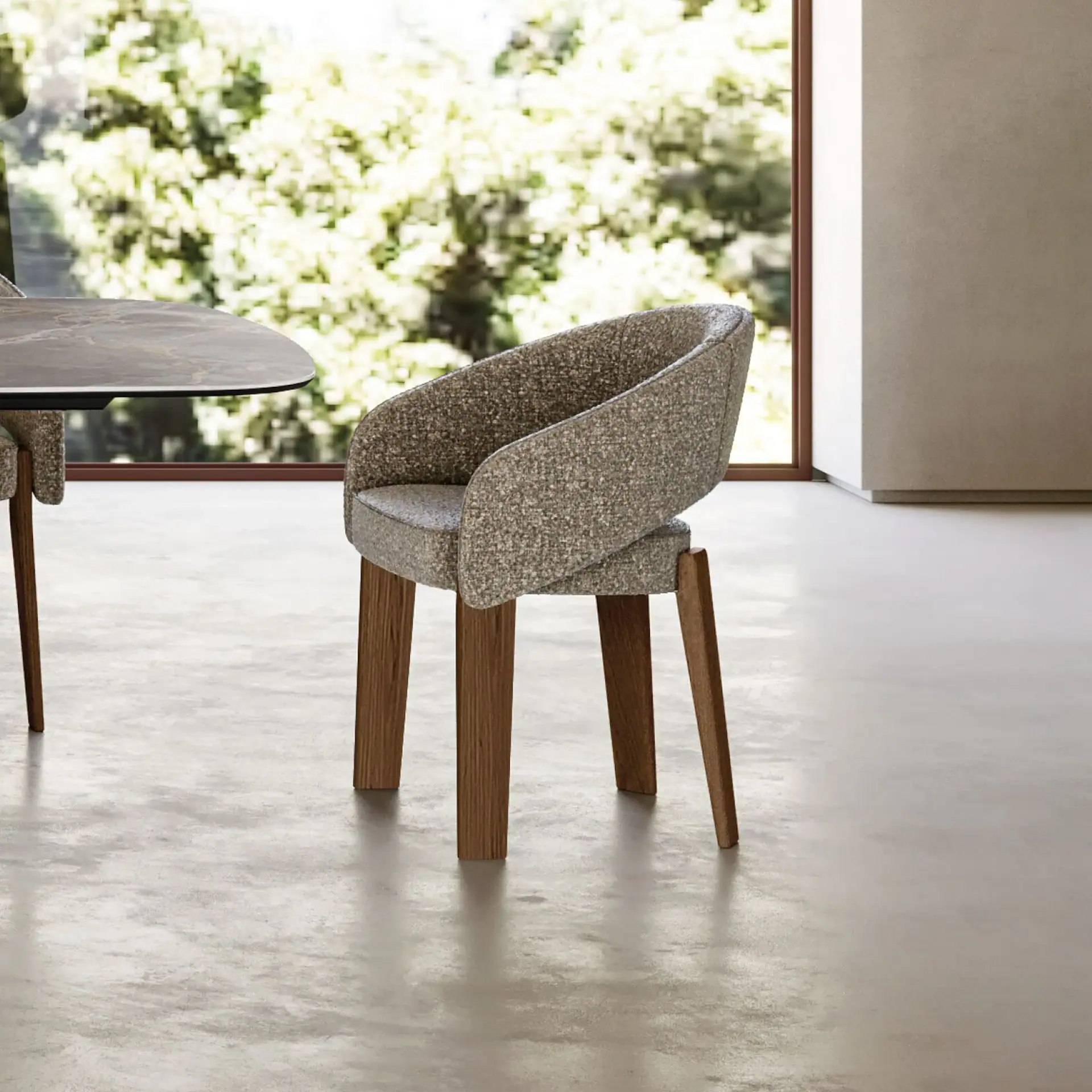 Modern fur upholstered dining chair with wooden legs in bright room.