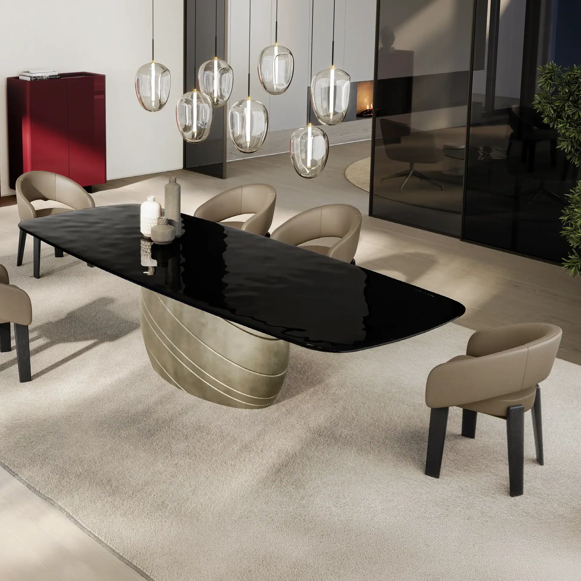 Modern fur upholstered dining chairs around a black dining table.