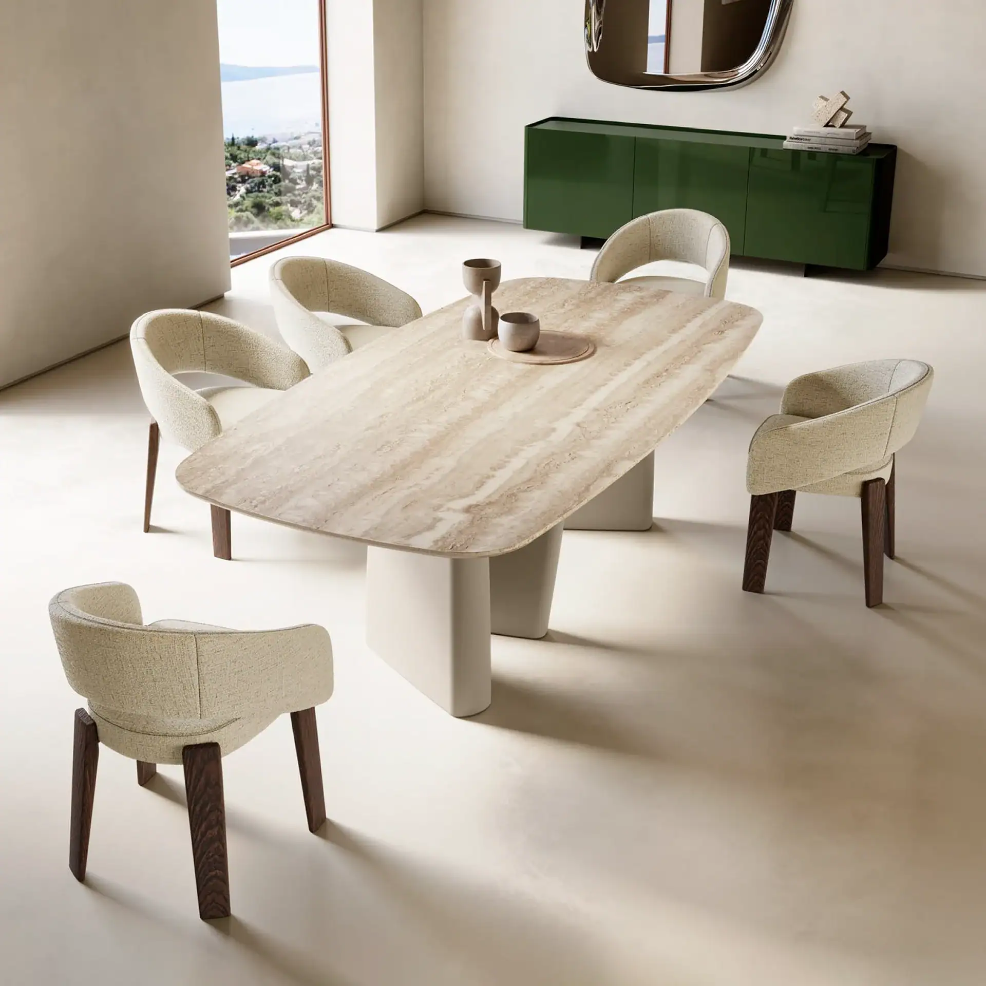 Modern dining room with Sklar Furnishings table and chairs, scenic view.