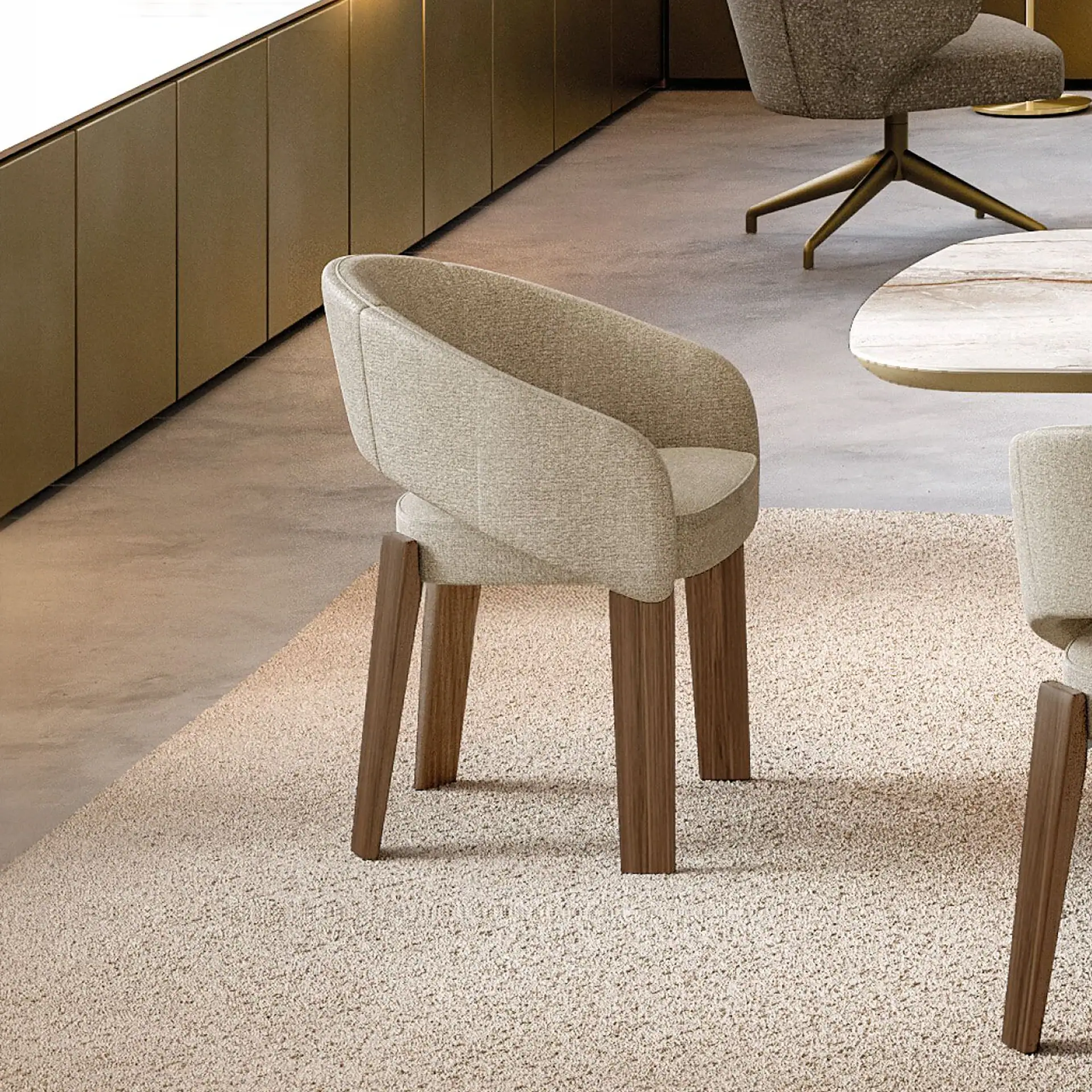 Upholstered dining chair with wooden legs in modern interior.