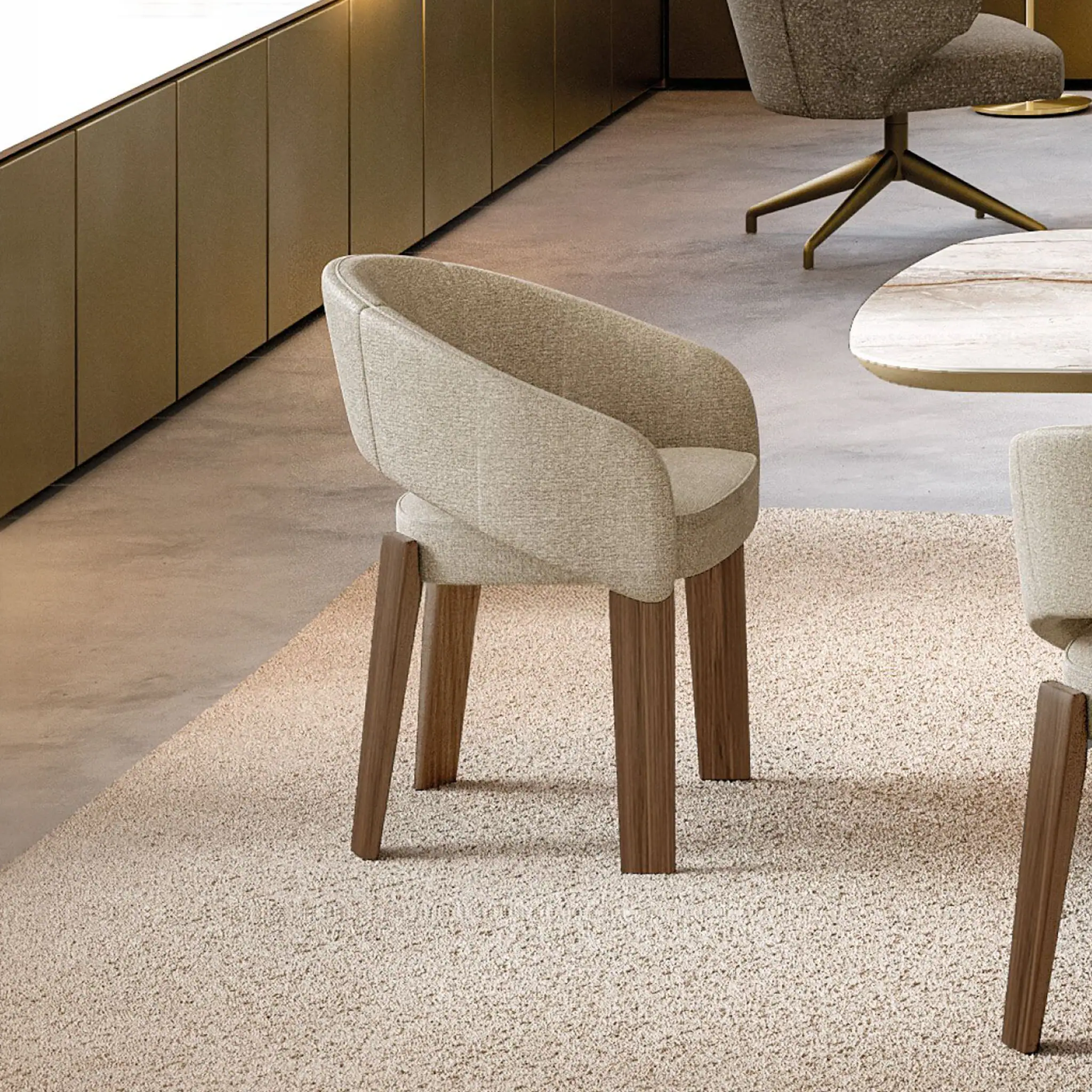 Upholstered dining chair with wooden legs in modern interior.