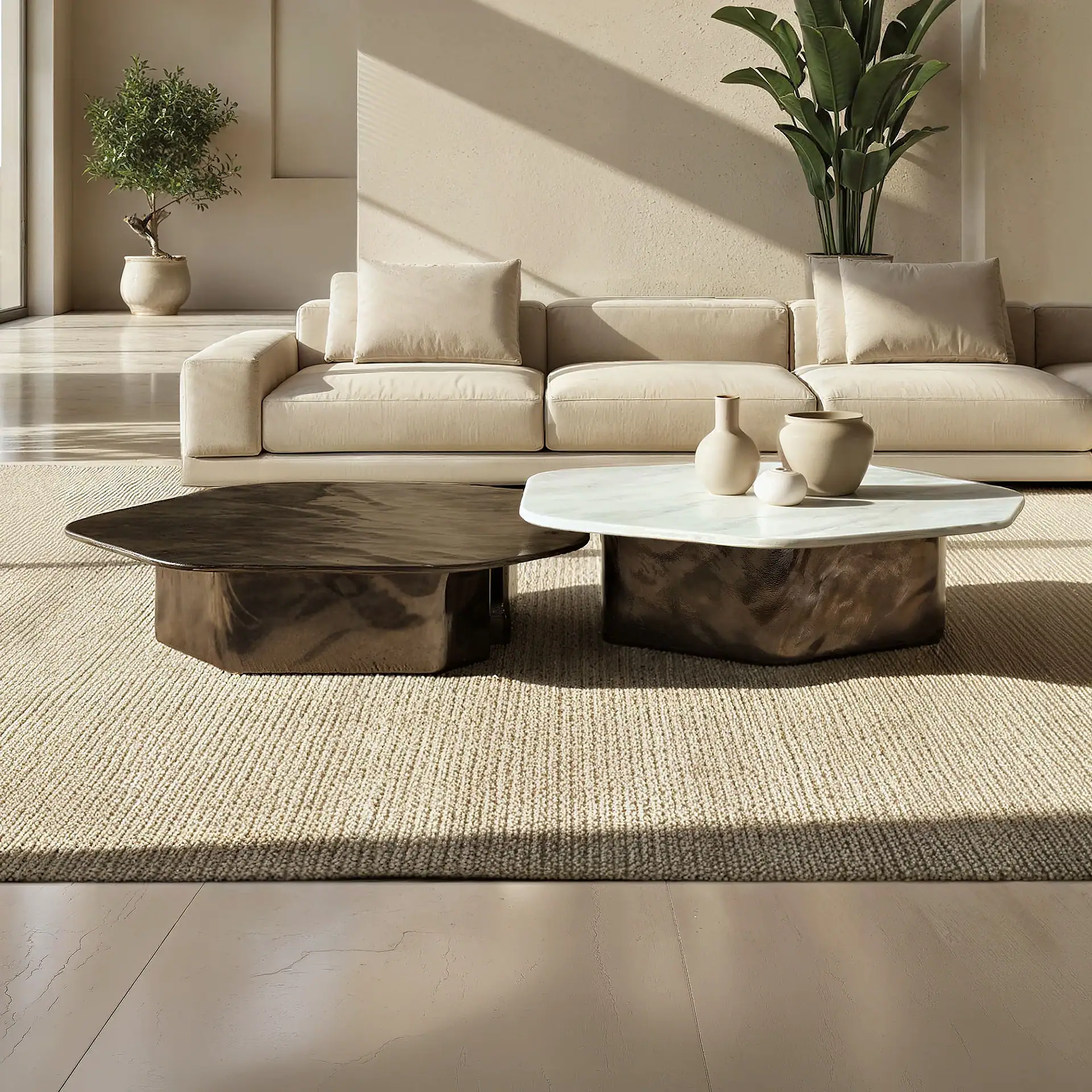 Contemporary living room with two modern coffee tables and neutral decor.