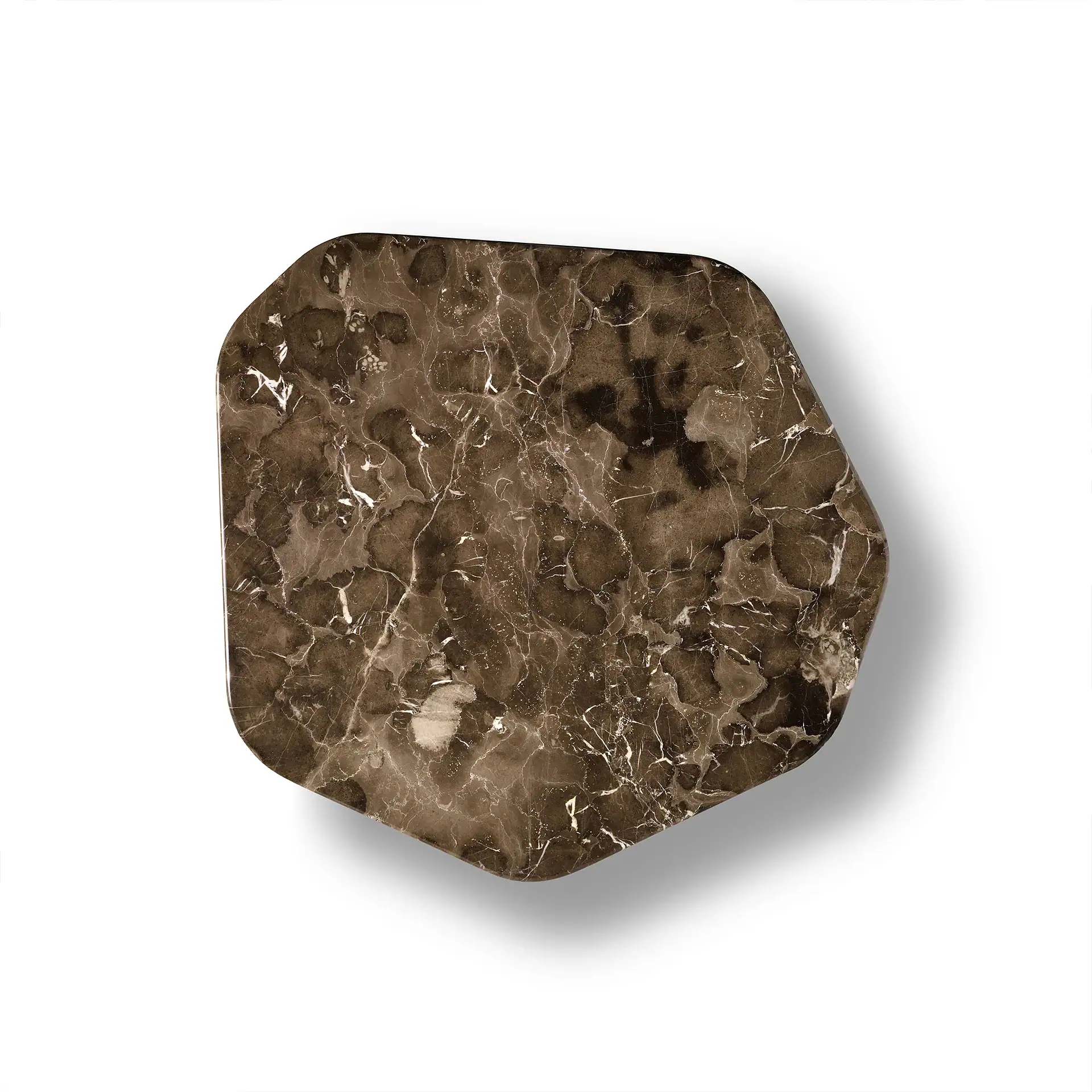 Close-up of Asteroids coffee table with brown marble surface.