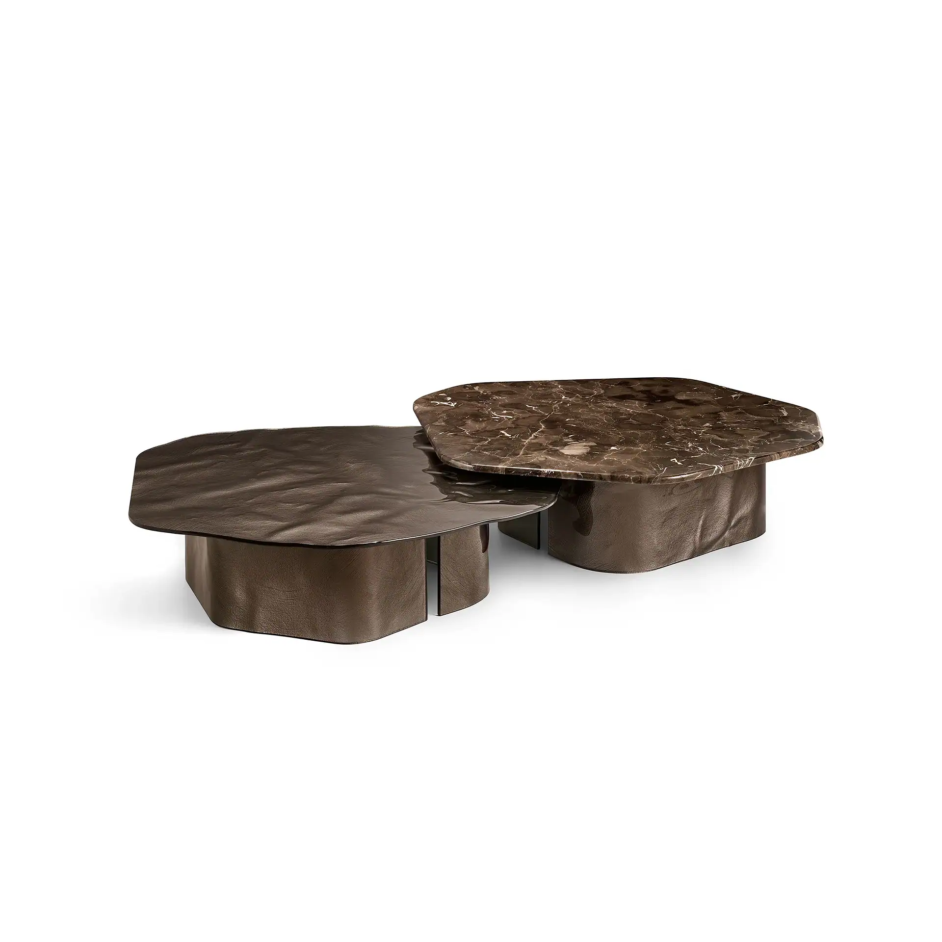 Modern Asteroids Coffee Table with marble and wood finishes by Sklar Furnishings.