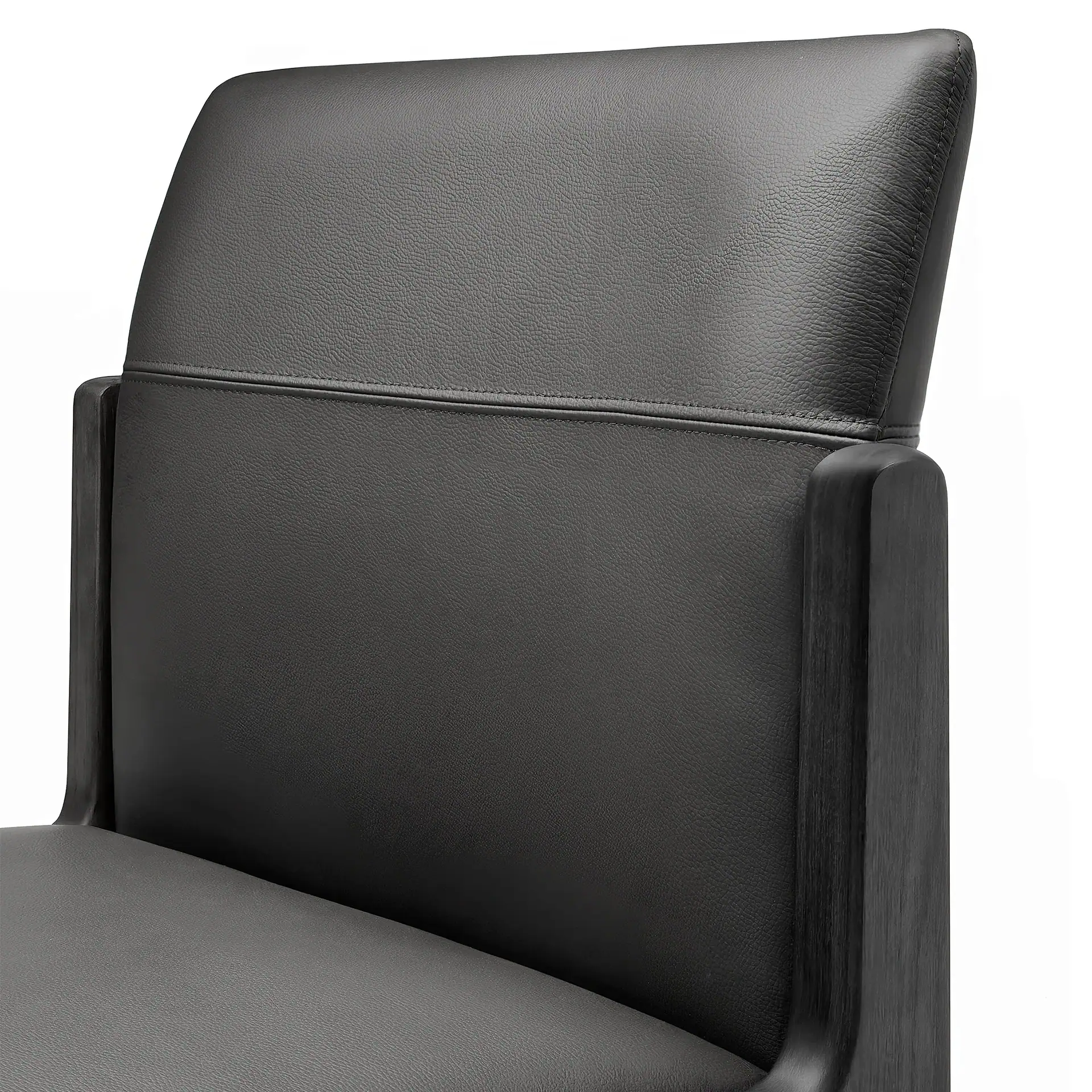 Modern black dining chair with leather upholstery and wooden frame.