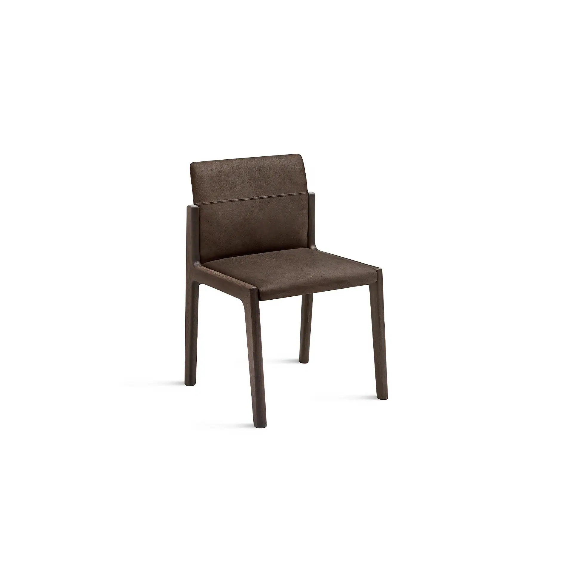 Modern brown dining chair with upholstered back and seat, wooden legs.