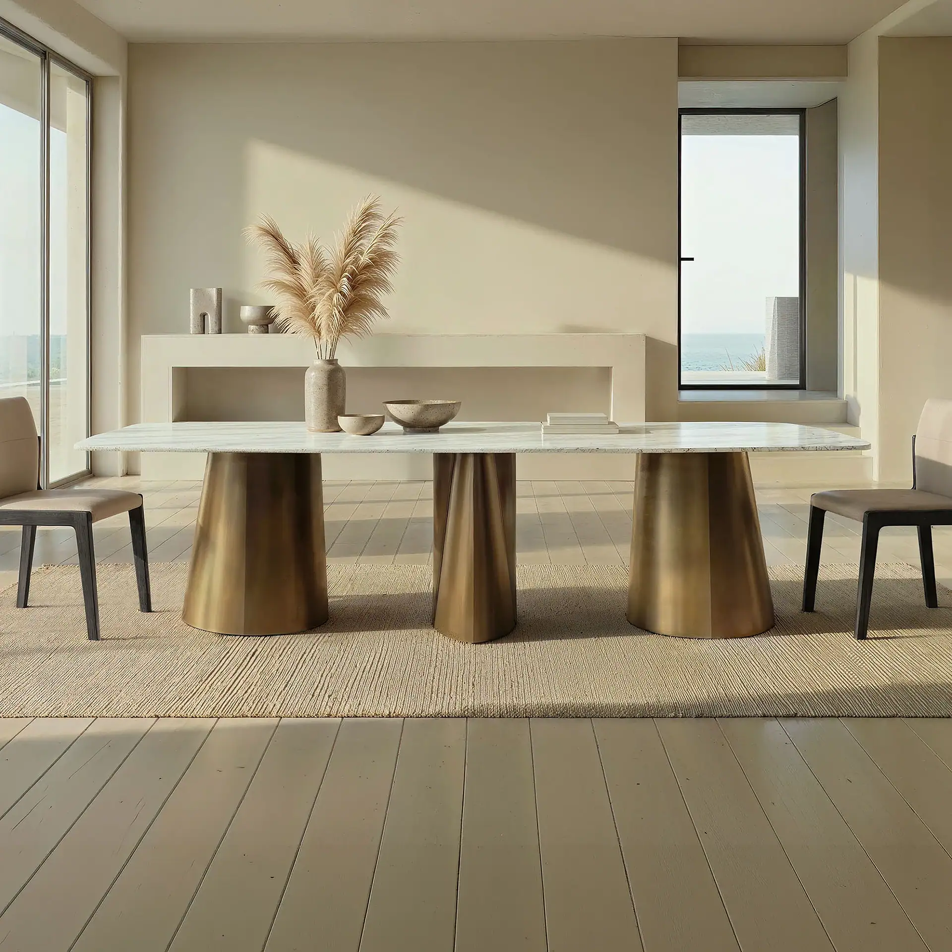 Modern dining table with gold base and white top in bright room.