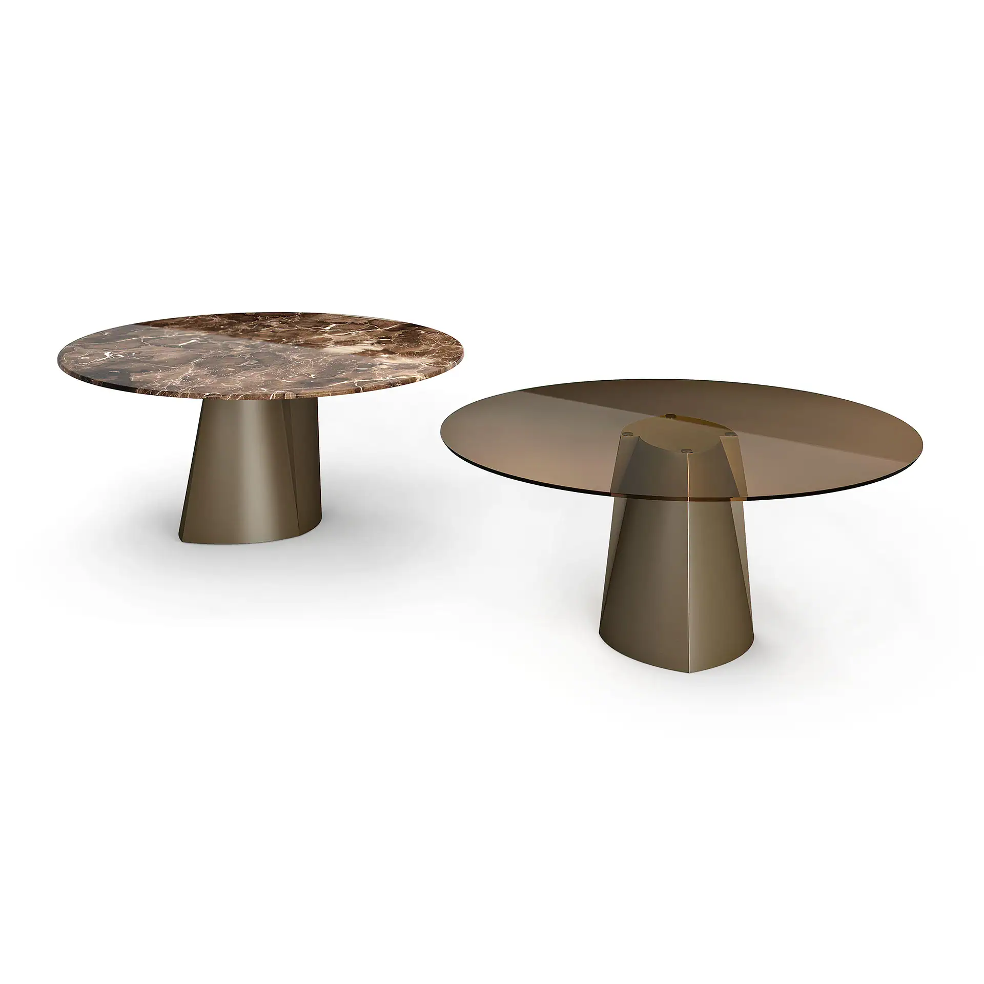 Set of two modern coffee tables with marble and glass tops and metallic bases.