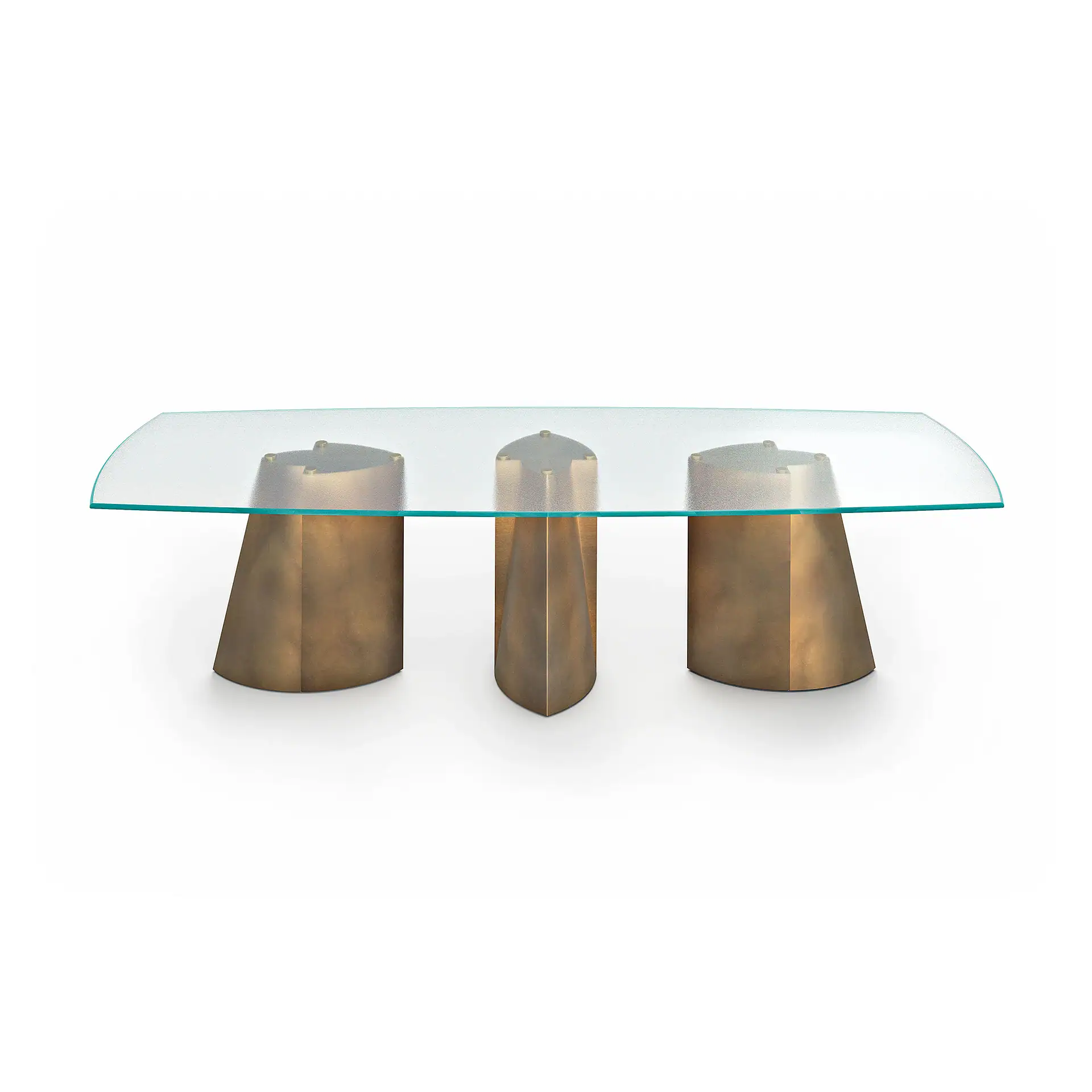 Modern glass dining table with unique wooden base design by Sklar Furnishings.