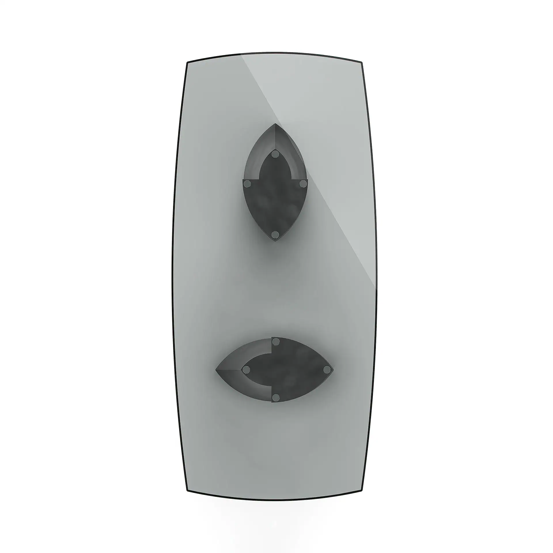 Modern speaker system with two black speakers on a white background.