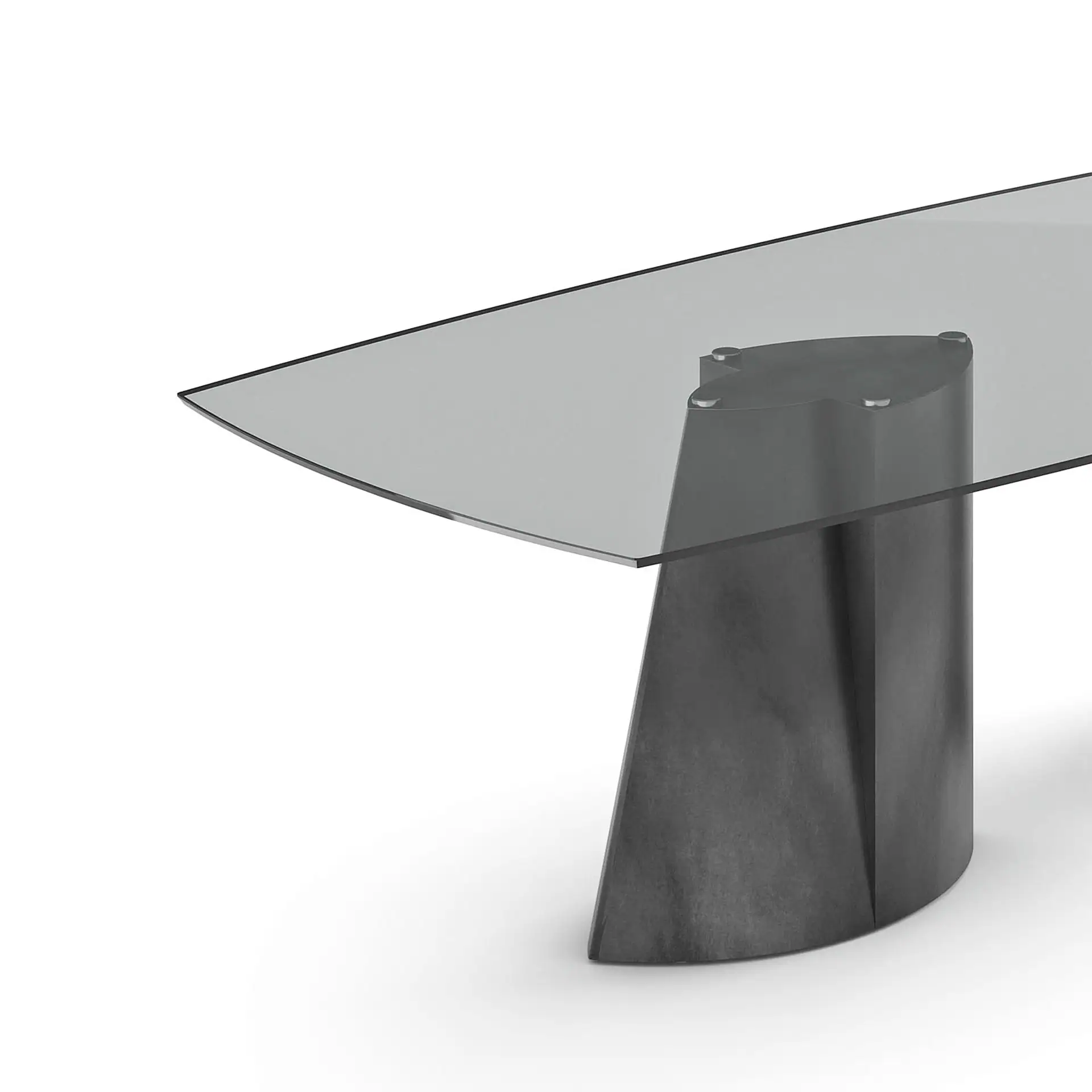 Modern glass dining table with black base by Sklar Furnishings.