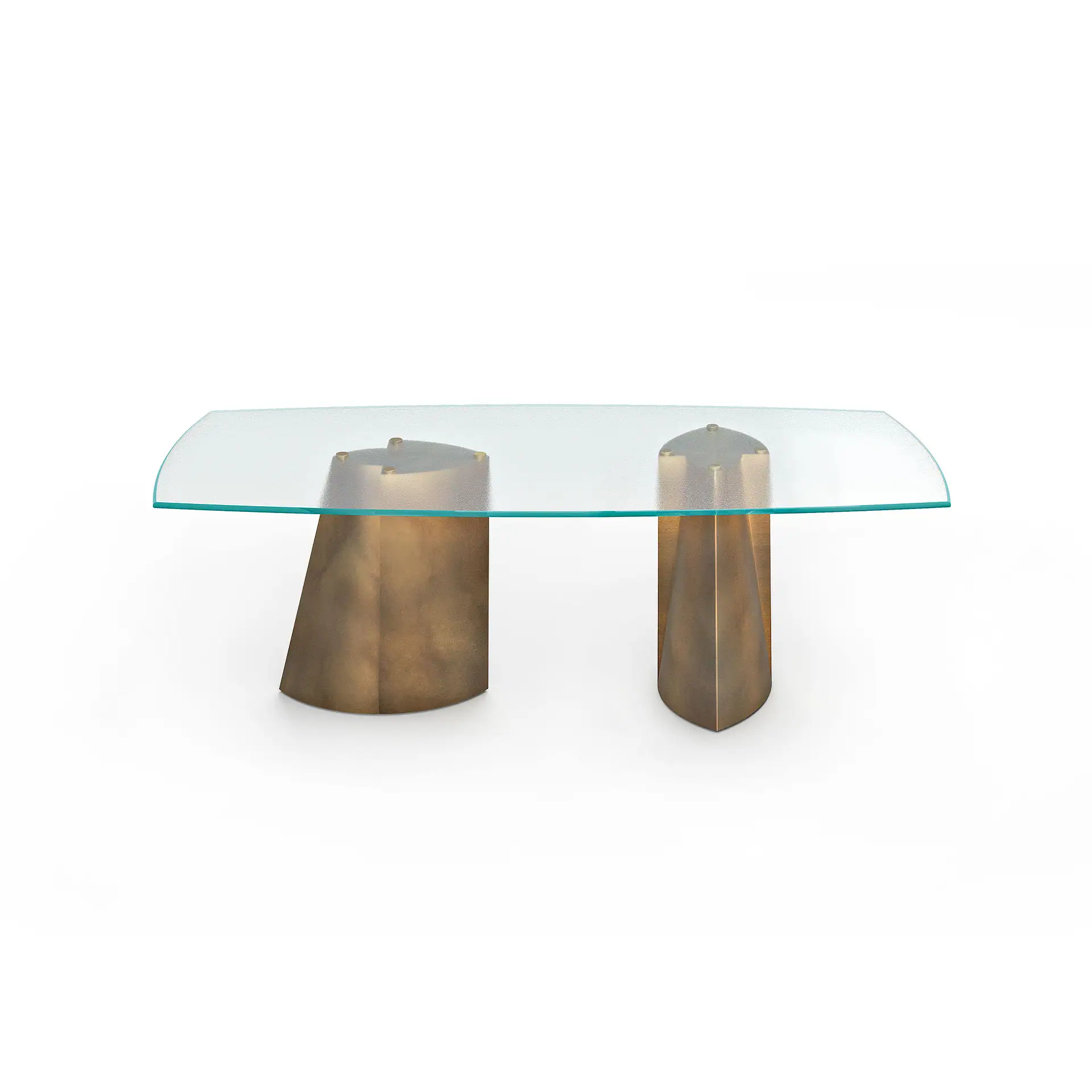 Modern glass dining table with unique wooden base design.