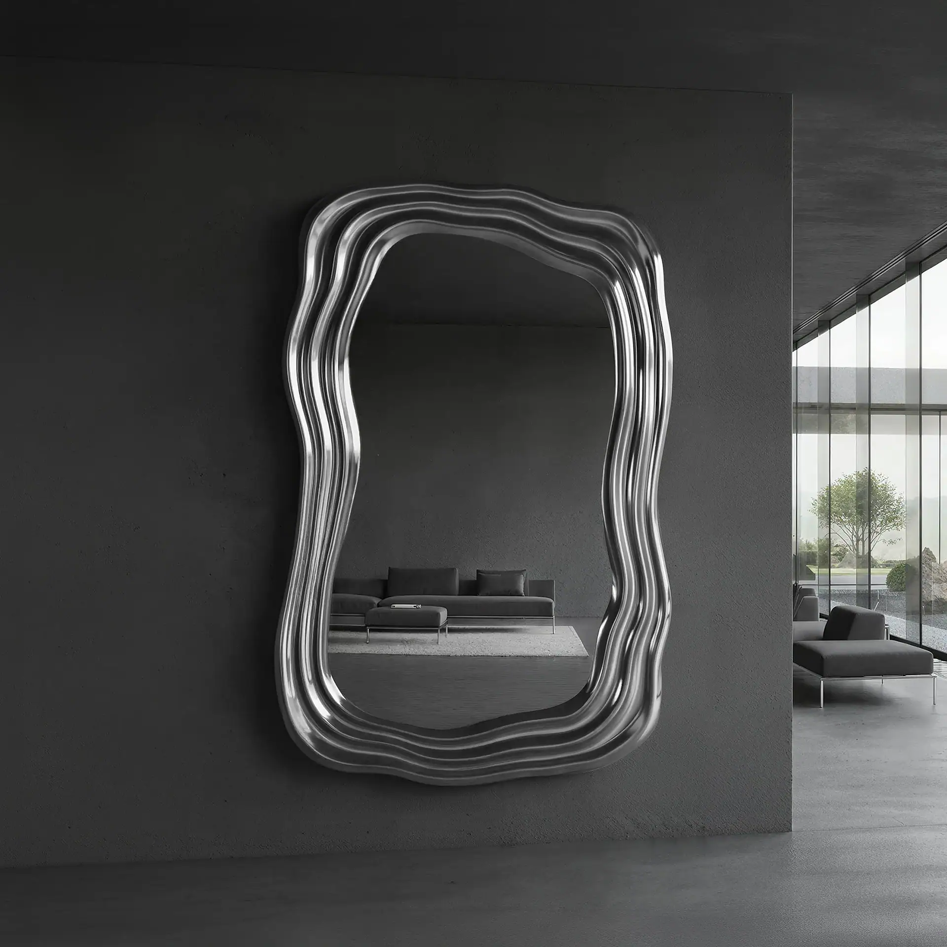 Modern wavy silver wall mirror in contemporary living room setting.