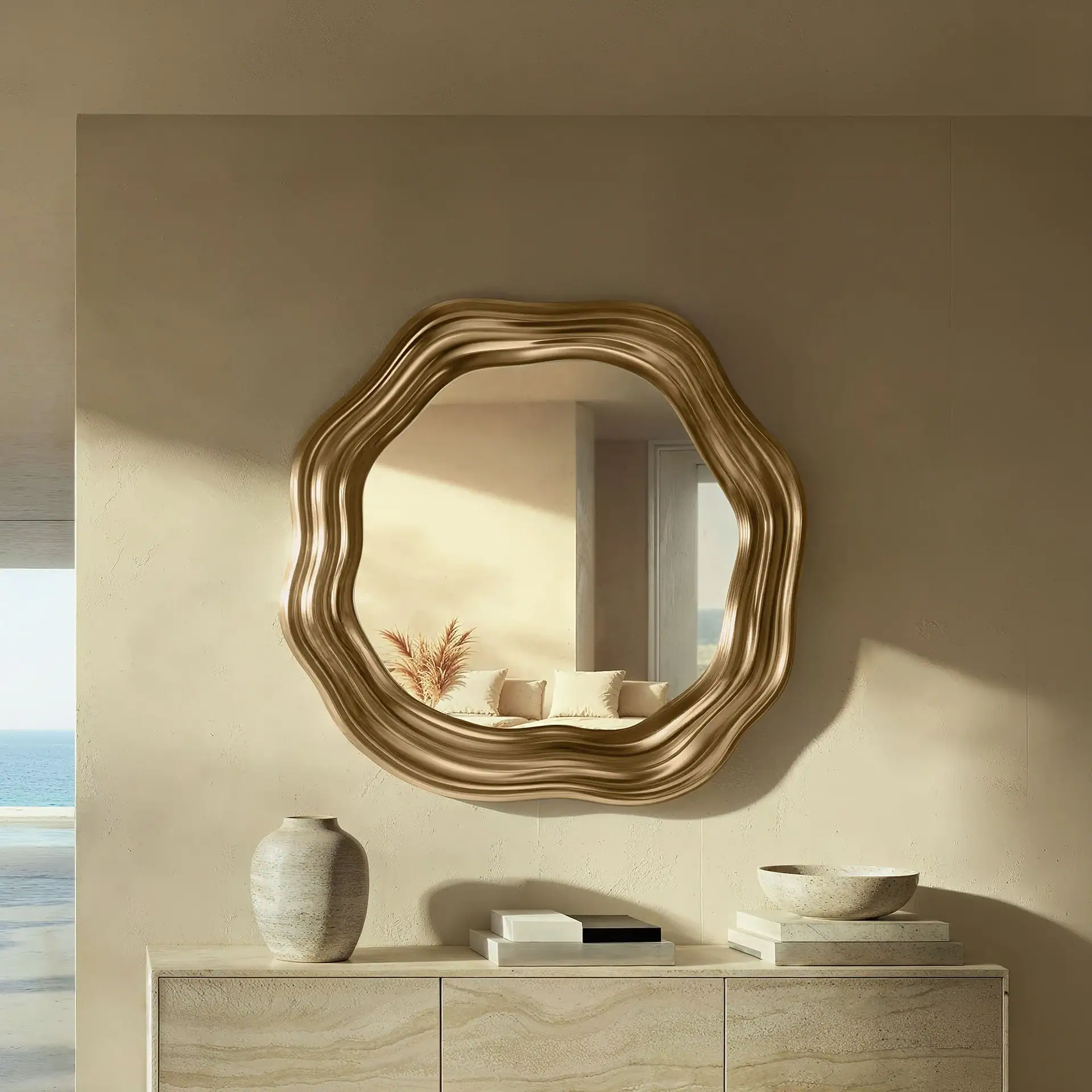 Elegant wall mirror with a wavy gold frame in modern interior decor.