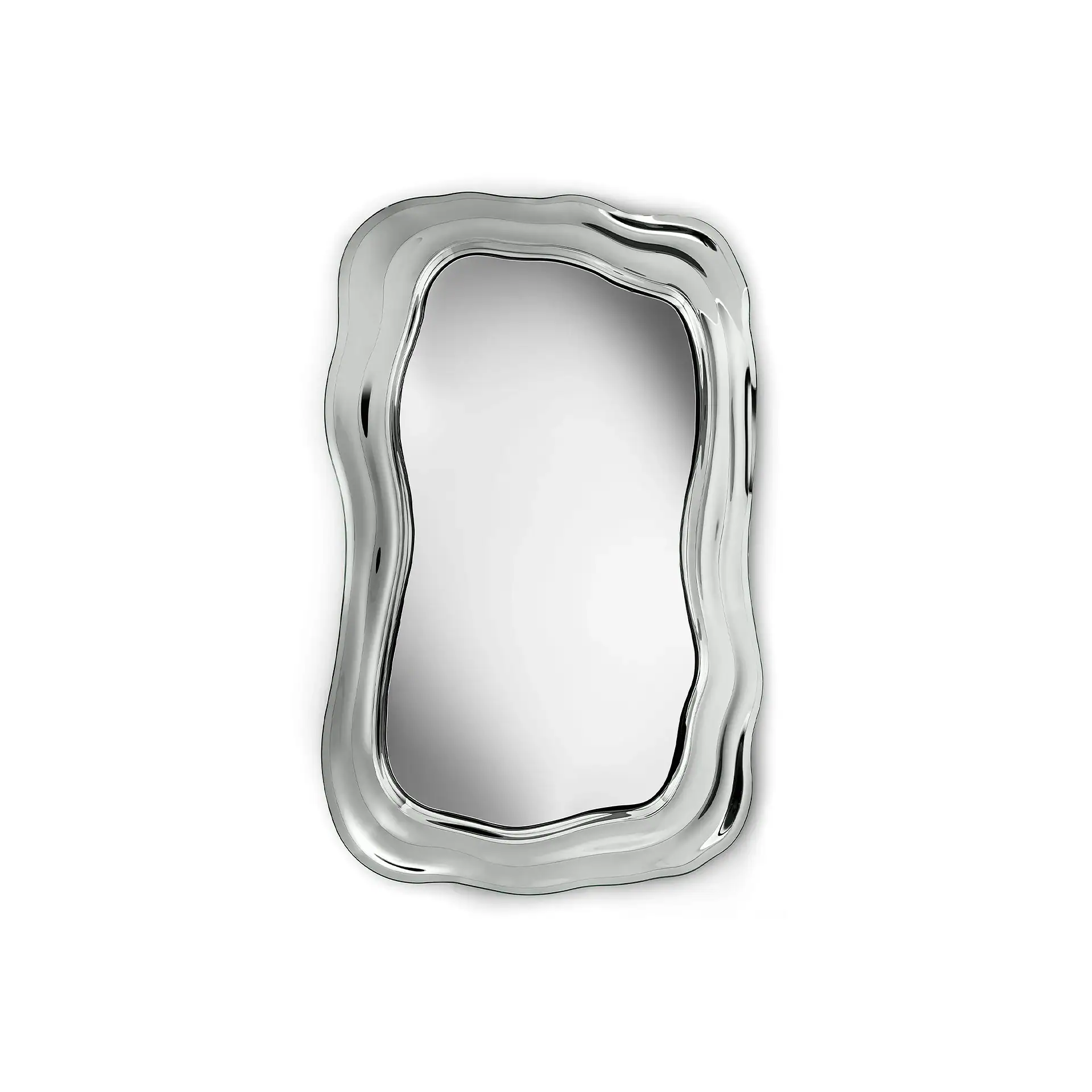 Elegant wall mirror with wavy silver frame for modern decor.