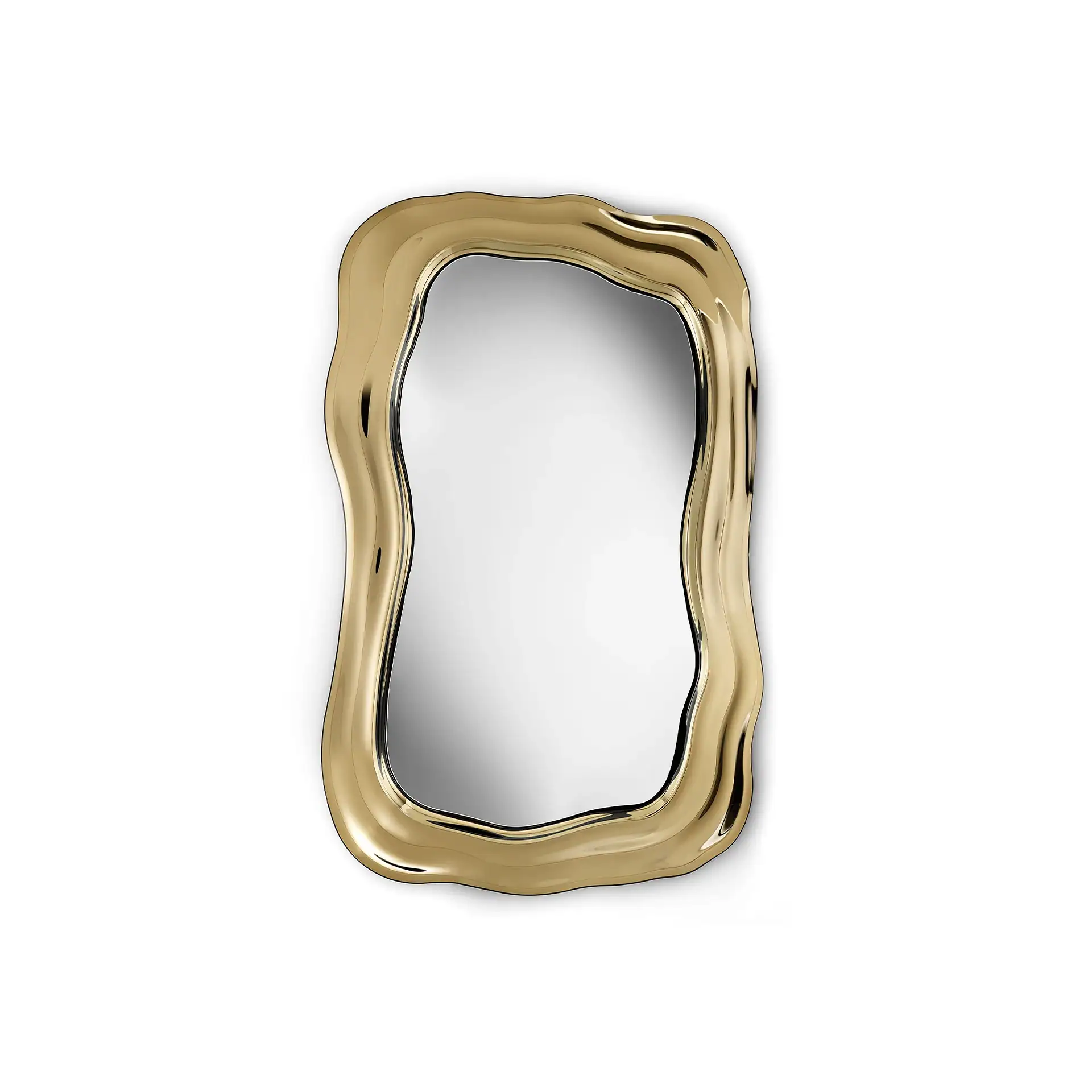 Elegant gold-framed wall mirror with wavy edges for modern decor.